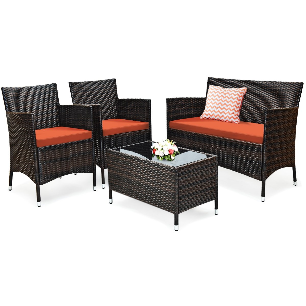 4 Pieces Comfortable Outdoor Rattan Sofa Set with Glass Coffee Table, Orange Patio Conversation Sets   at Gallery Canada