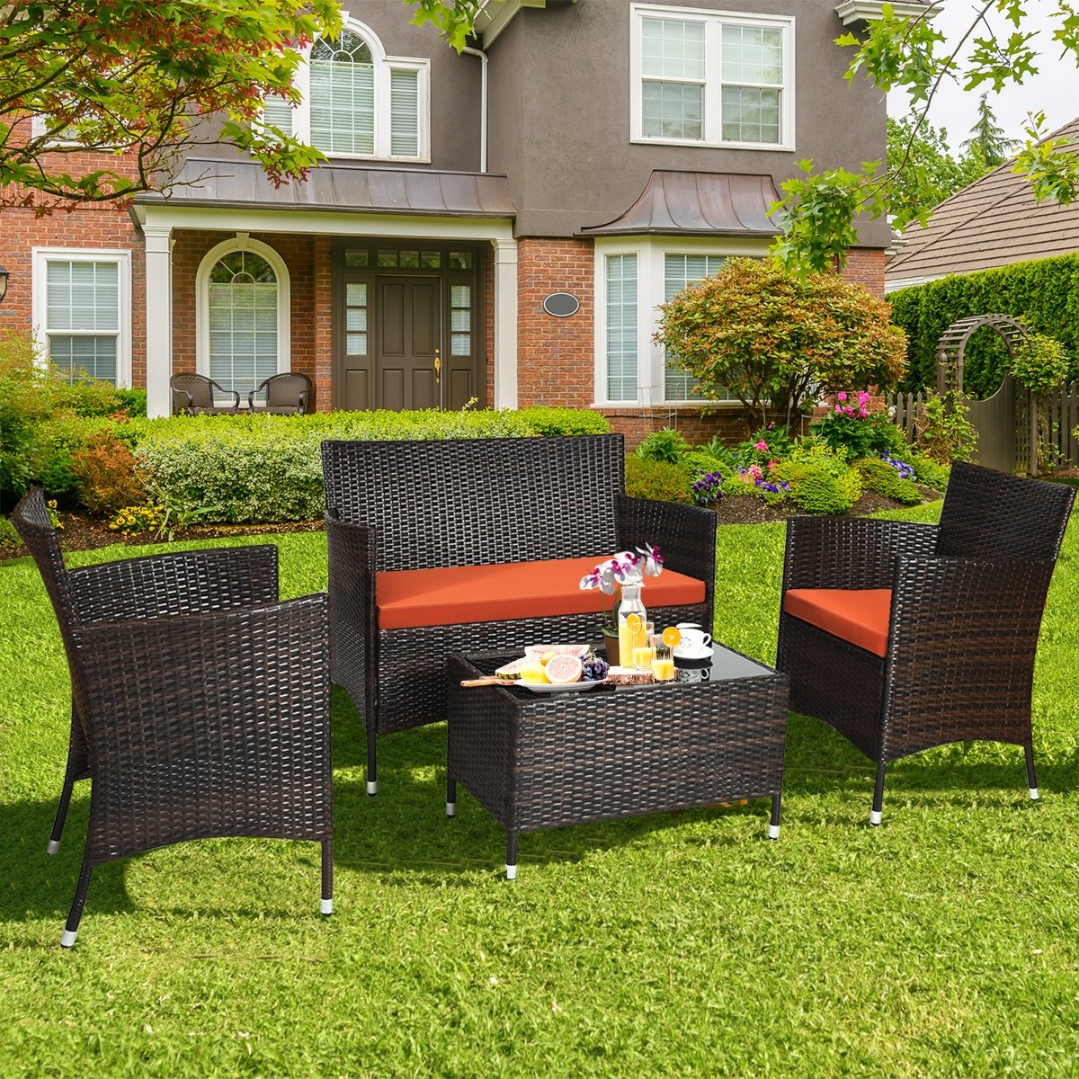 4 Pieces Comfortable Outdoor Rattan Sofa Set with Glass Coffee Table, Orange Patio Conversation Sets   at Gallery Canada