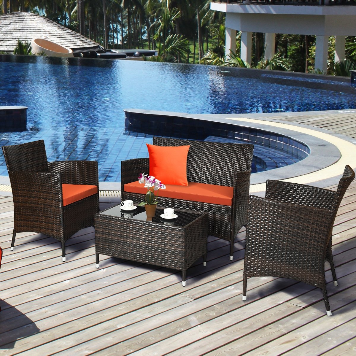 4 Pieces Comfortable Outdoor Rattan Sofa Set with Glass Coffee Table, Orange Patio Conversation Sets   at Gallery Canada