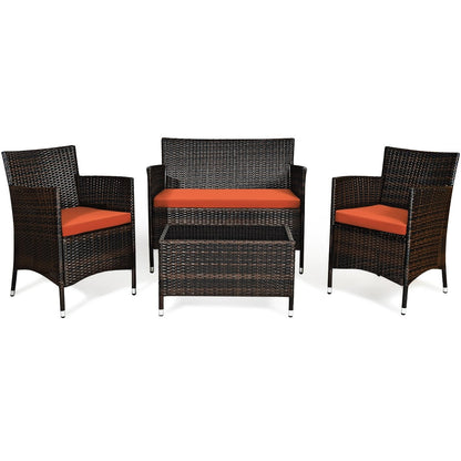 4 Pieces Comfortable Outdoor Rattan Sofa Set with Glass Coffee Table, Orange Patio Conversation Sets   at Gallery Canada