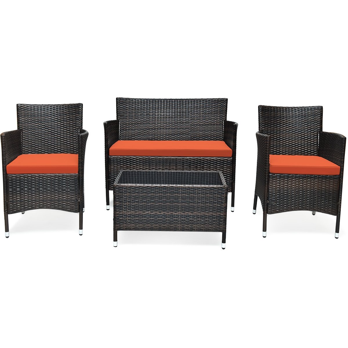 4 Pieces Comfortable Outdoor Rattan Sofa Set with Glass Coffee Table, Orange Patio Conversation Sets   at Gallery Canada