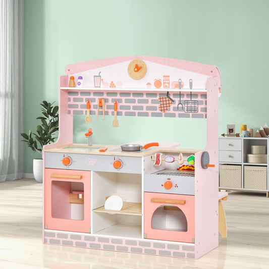 Double-Sided Kids Play Kitchen Set with Canopy and 2 Seats, Pink Play Kitchen Sets   at Gallery Canada