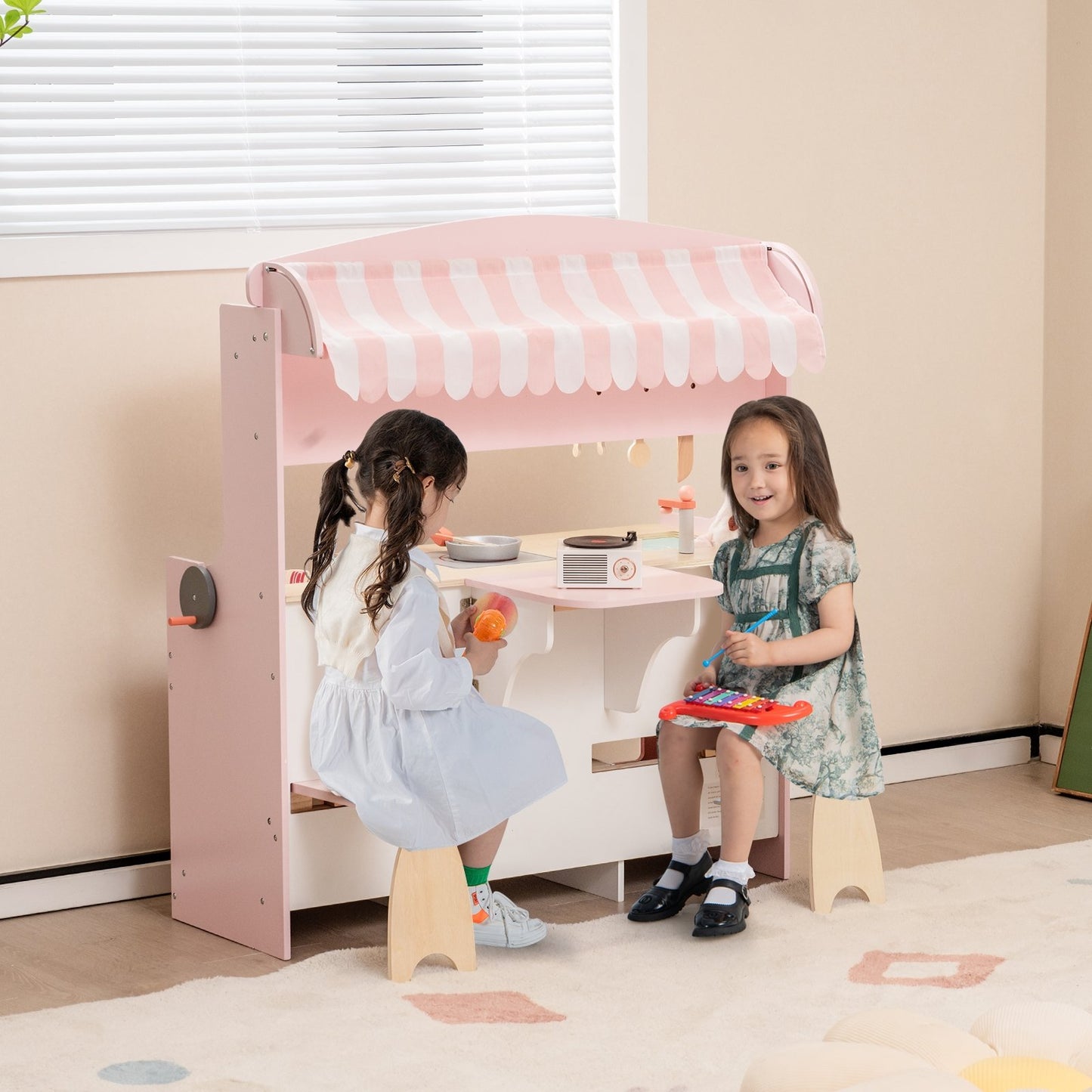 Double-Sided Kids Play Kitchen Set with Canopy and 2 Seats, Pink Play Kitchen Sets   at Gallery Canada