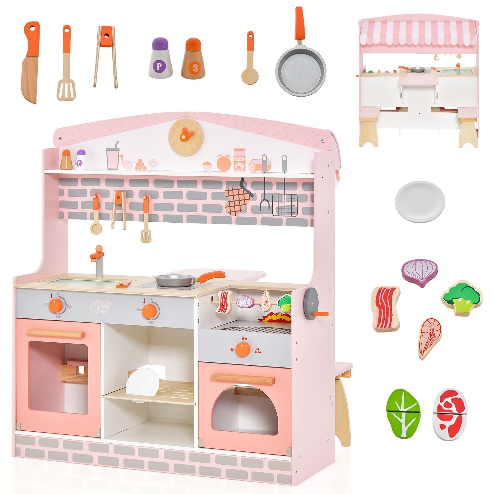 Double-Sided Kids Play Kitchen Set with Canopy and 2 Seats, Pink Play Kitchen Sets   at Gallery Canada