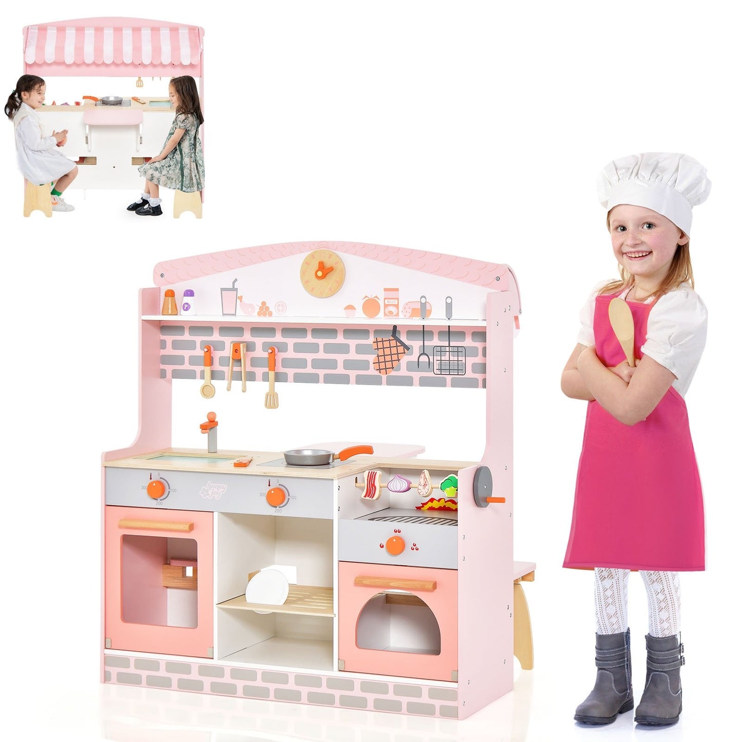 Double-Sided Kids Play Kitchen Set with Canopy and 2 Seats, Pink Play Kitchen Sets   at Gallery Canada