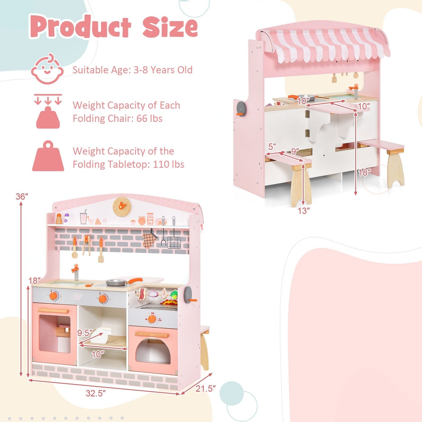 Double-Sided Kids Play Kitchen Set with Canopy and 2 Seats, Pink Play Kitchen Sets   at Gallery Canada