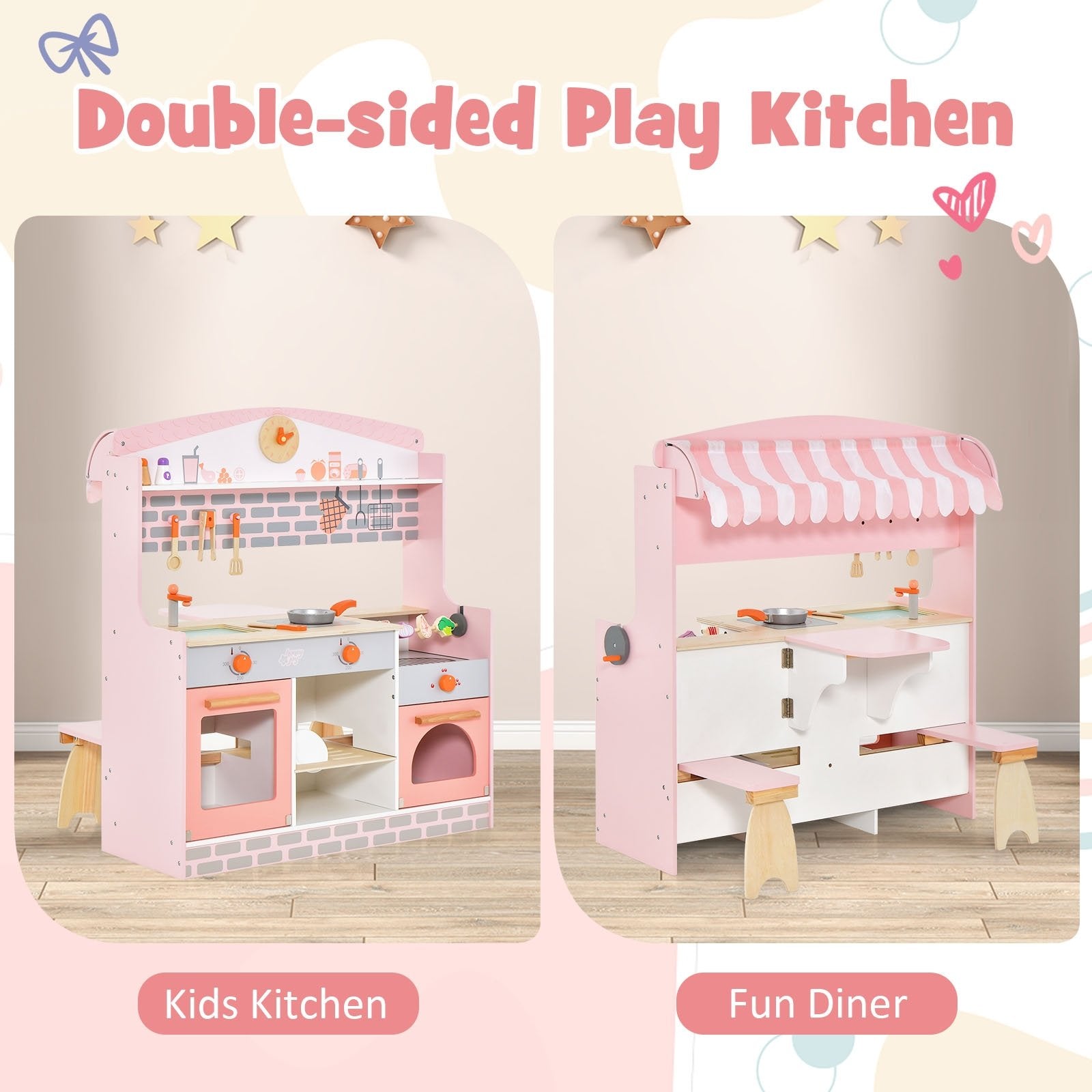 Double-Sided Kids Play Kitchen Set with Canopy and 2 Seats, Pink Play Kitchen Sets   at Gallery Canada