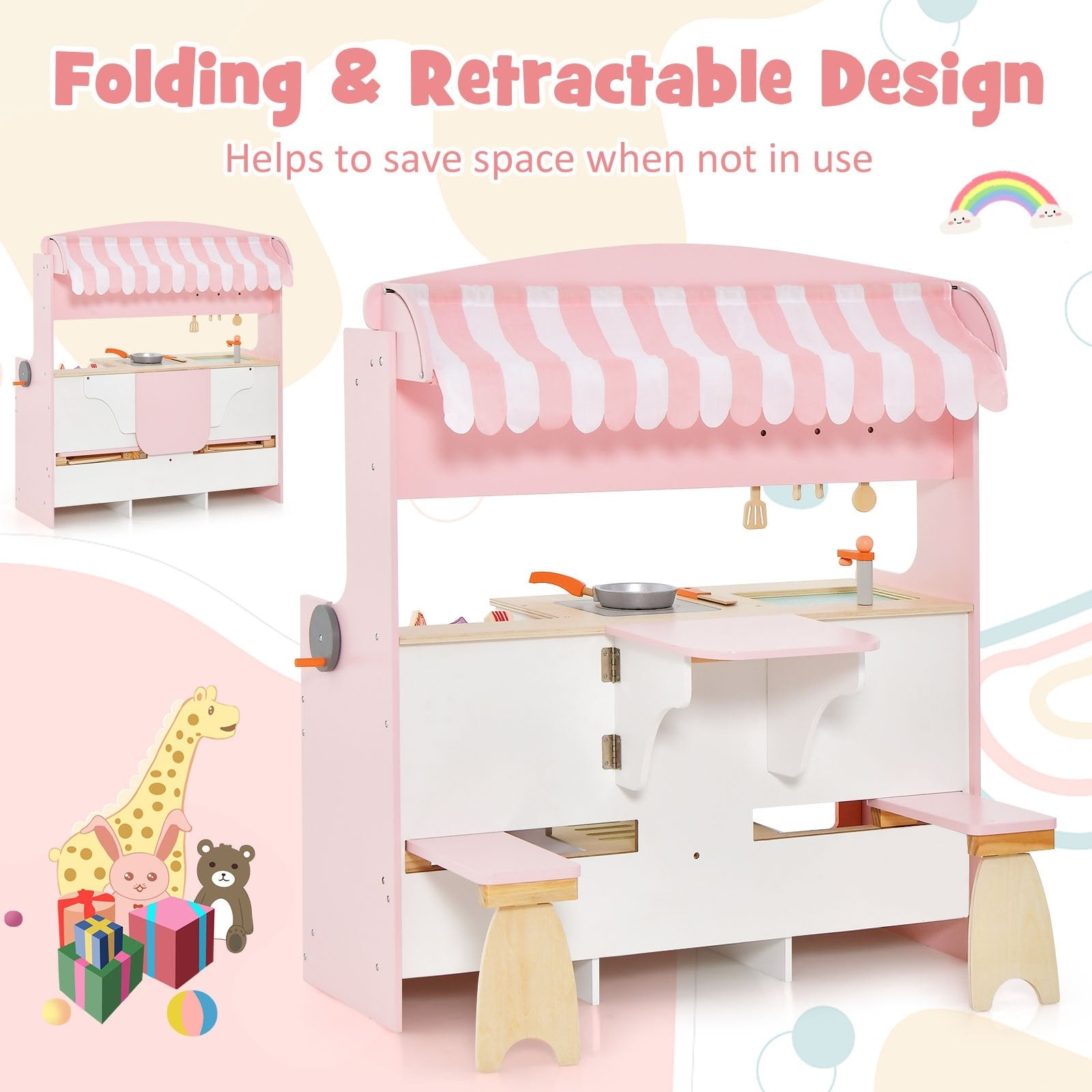 Double-Sided Kids Play Kitchen Set with Canopy and 2 Seats, Pink Play Kitchen Sets   at Gallery Canada