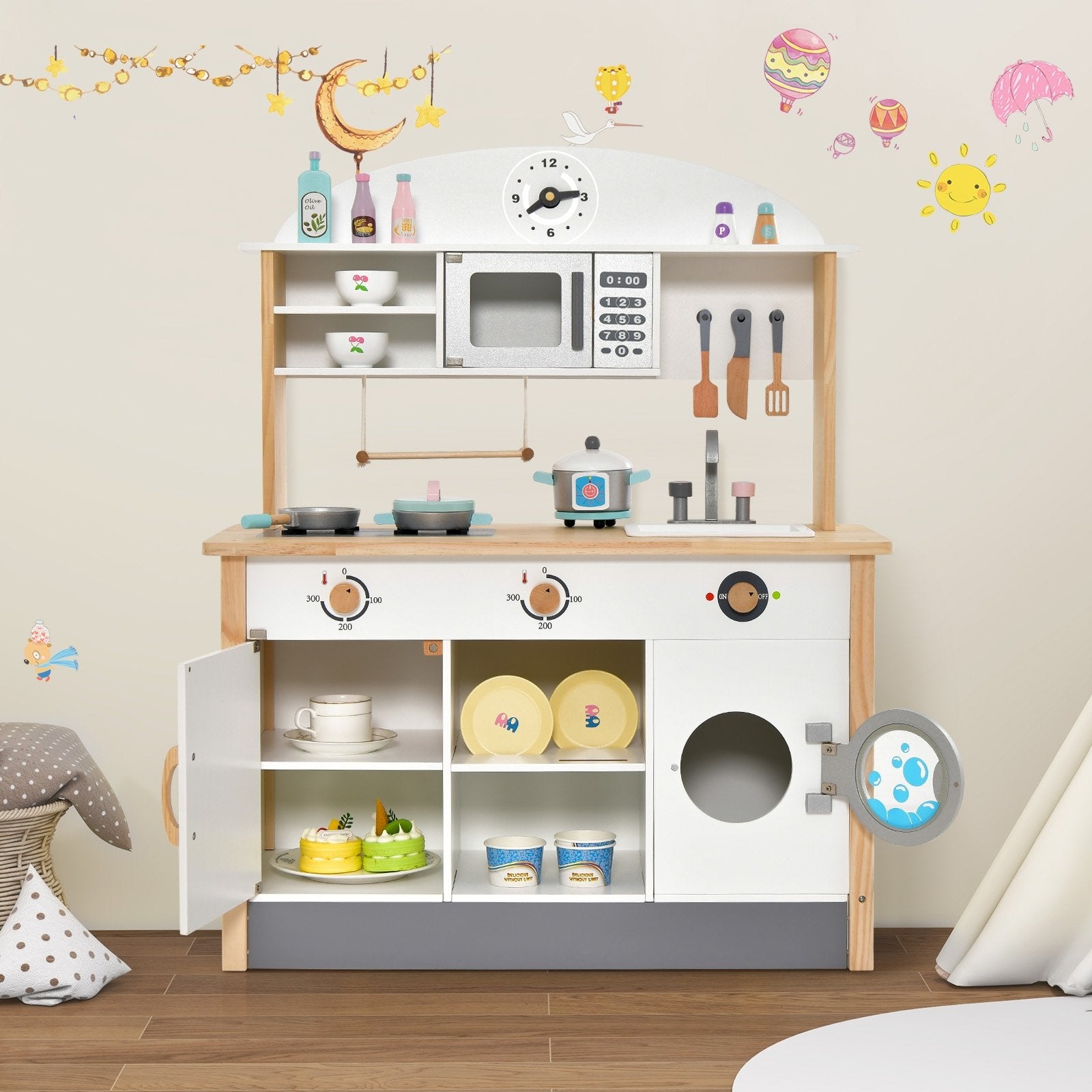 Wooden Pretend Kids Play Kitchen Set with Cooking Accessories, White Play Kitchen Sets   at Gallery Canada