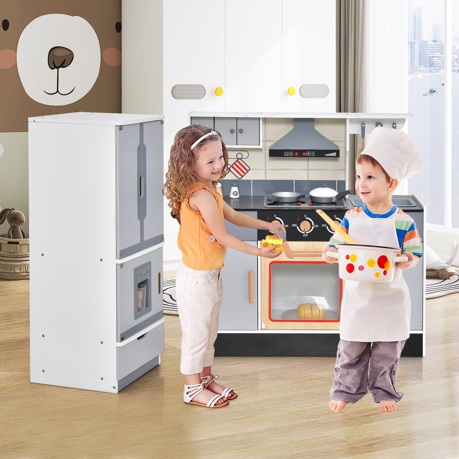 Wooden Chef Play Kitchen and Refrigerator with Realistic Range Hood and Roaster, Gray Play Kitchen Sets   at Gallery Canada