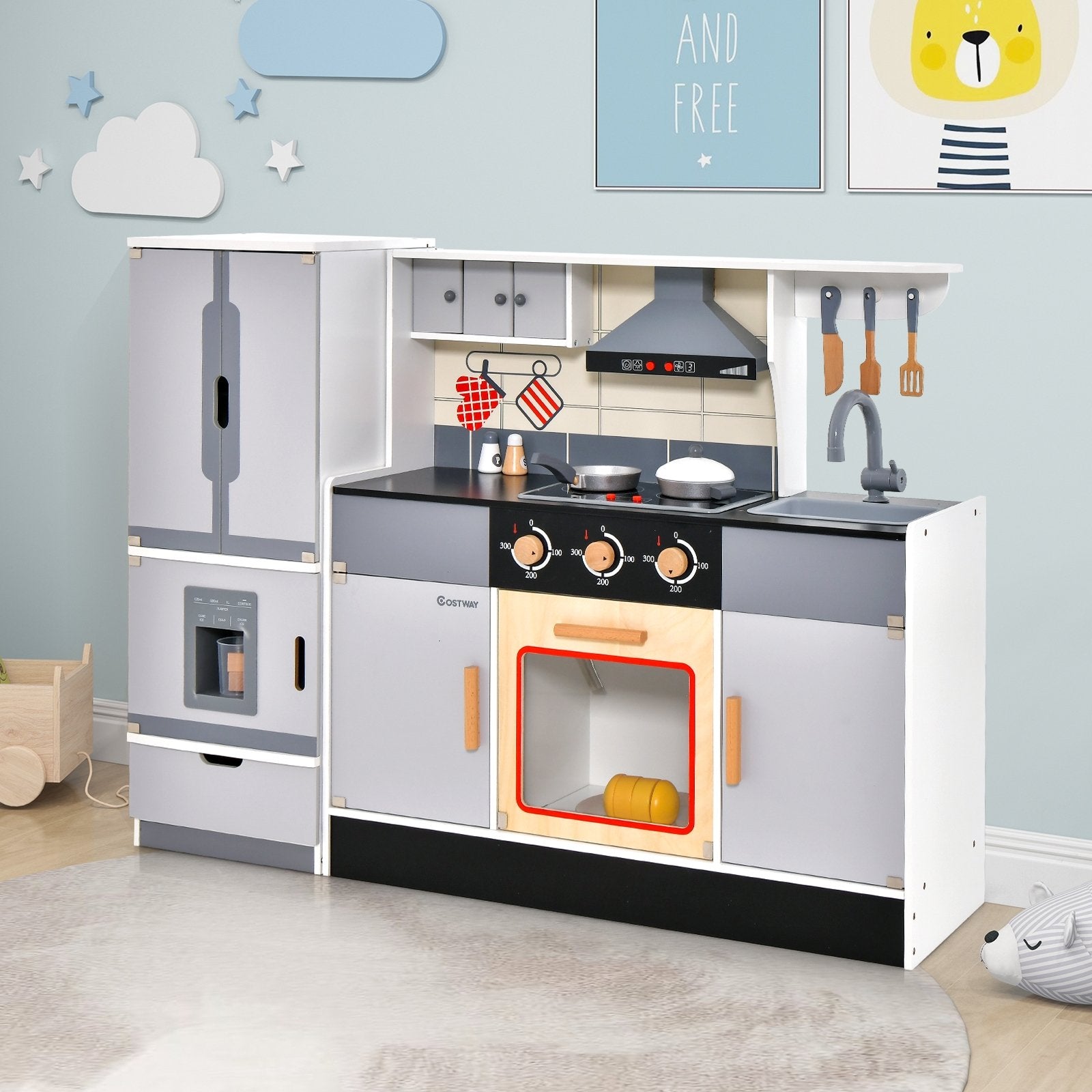 Wooden Chef Play Kitchen and Refrigerator with Realistic Range Hood and Roaster, Gray Play Kitchen Sets   at Gallery Canada