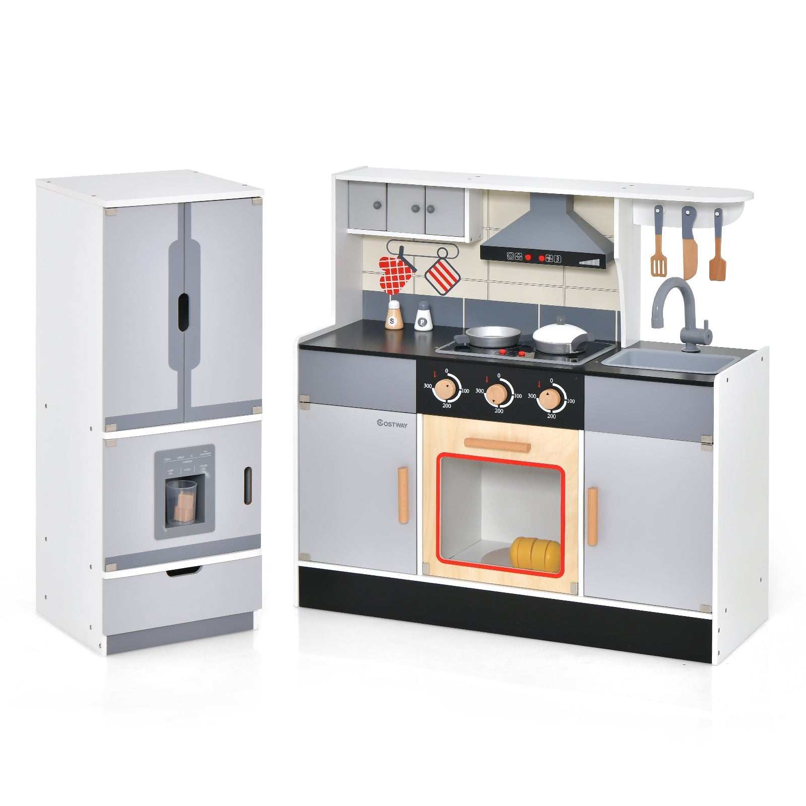 Wooden Chef Play Kitchen and Refrigerator with Realistic Range Hood and Roaster, Gray Play Kitchen Sets at Gallery Canada