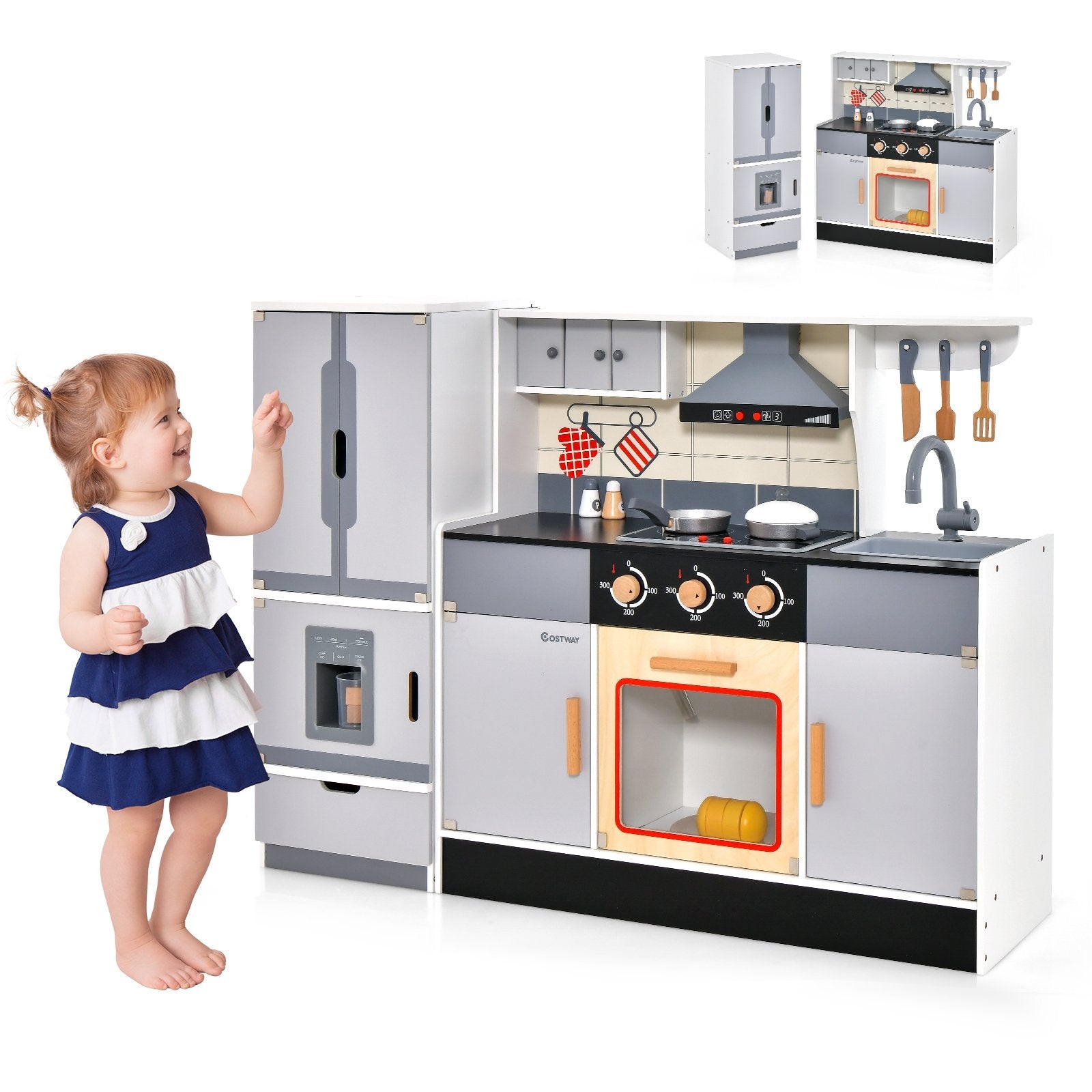 Wooden Chef Play Kitchen and Refrigerator with Realistic Range Hood and Roaster, Gray Play Kitchen Sets   at Gallery Canada