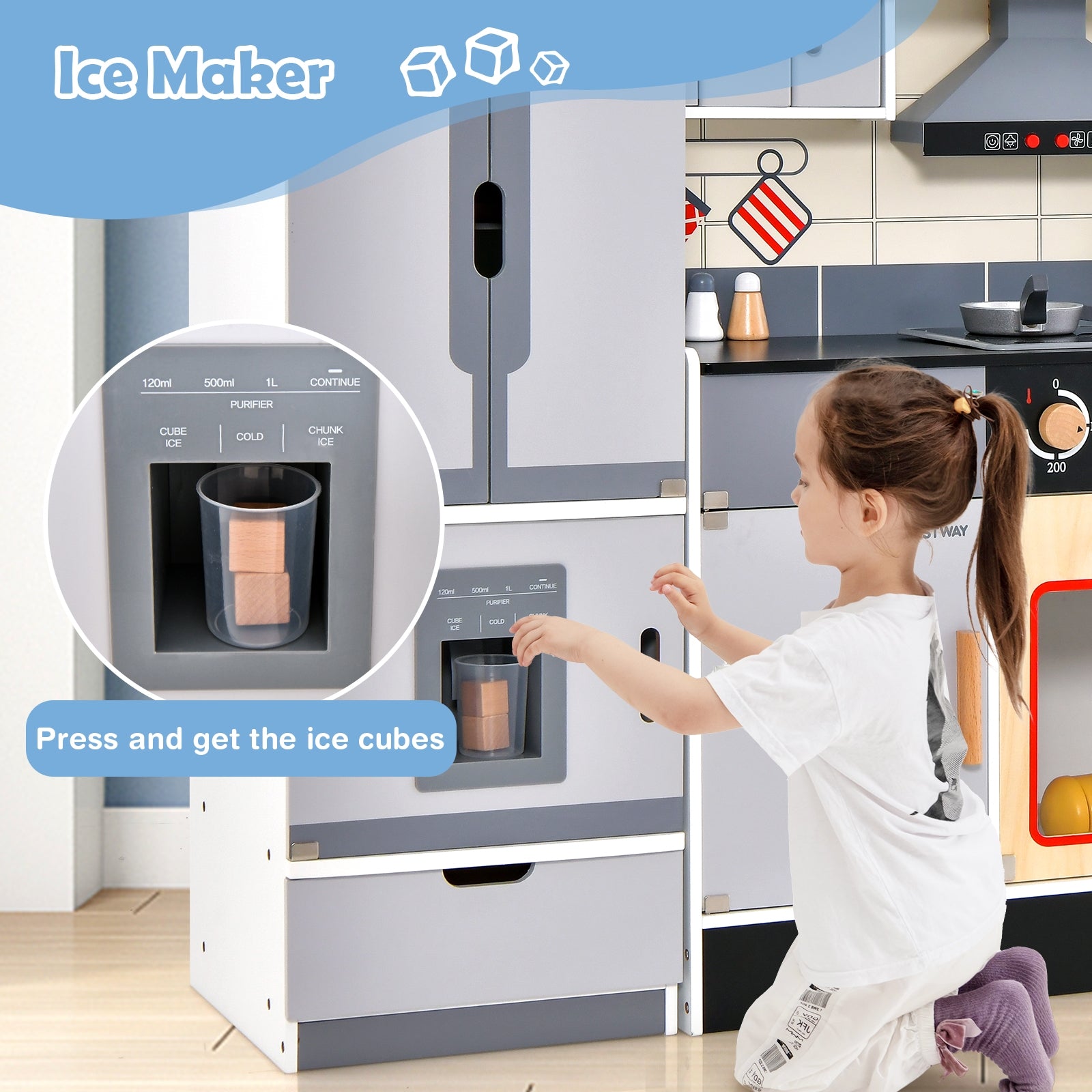 Wooden Chef Play Kitchen and Refrigerator with Realistic Range Hood and Roaster, Gray Play Kitchen Sets at Gallery Canada
