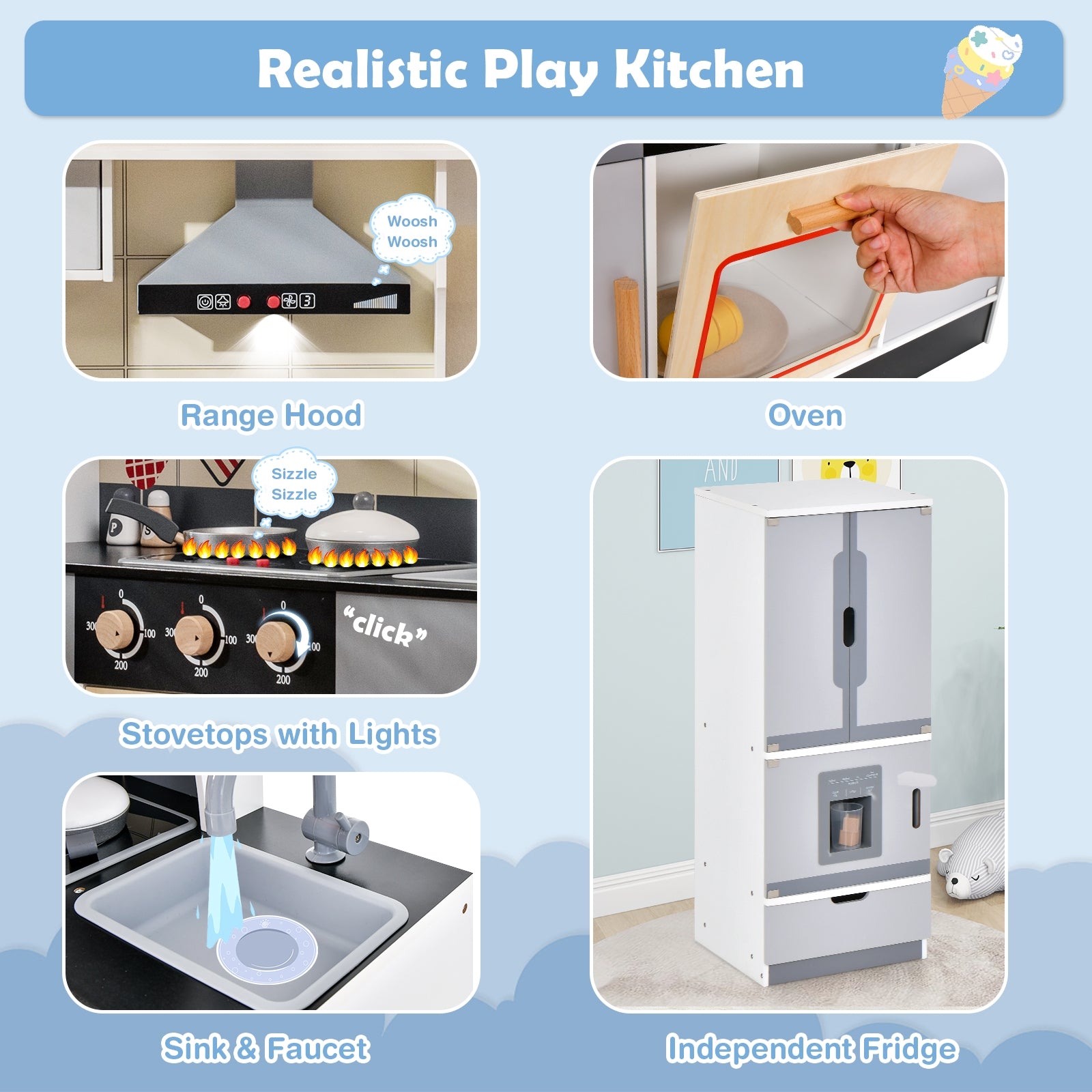 Wooden Chef Play Kitchen and Refrigerator with Realistic Range Hood and Roaster, Gray Play Kitchen Sets at Gallery Canada