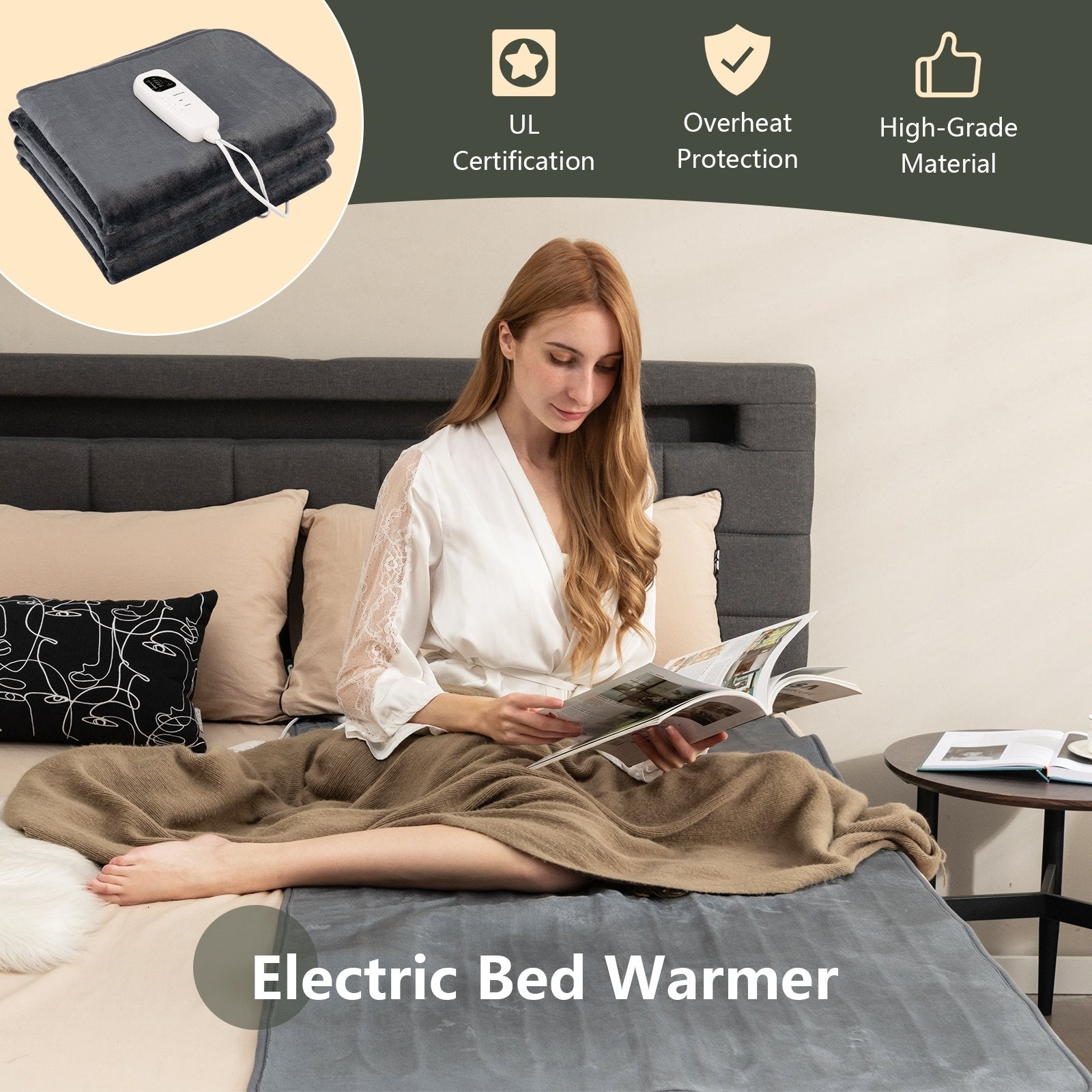 Electric Heated Mattress Pad with 5 Heating Levels and Overheat Protection, Gray Bedroom   at Gallery Canada