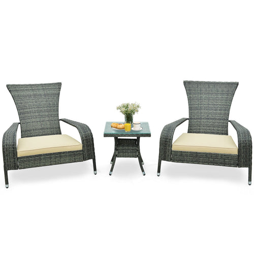 3-Piece Wicker Adirondack Set with Comfy Seat Cushions, Gray