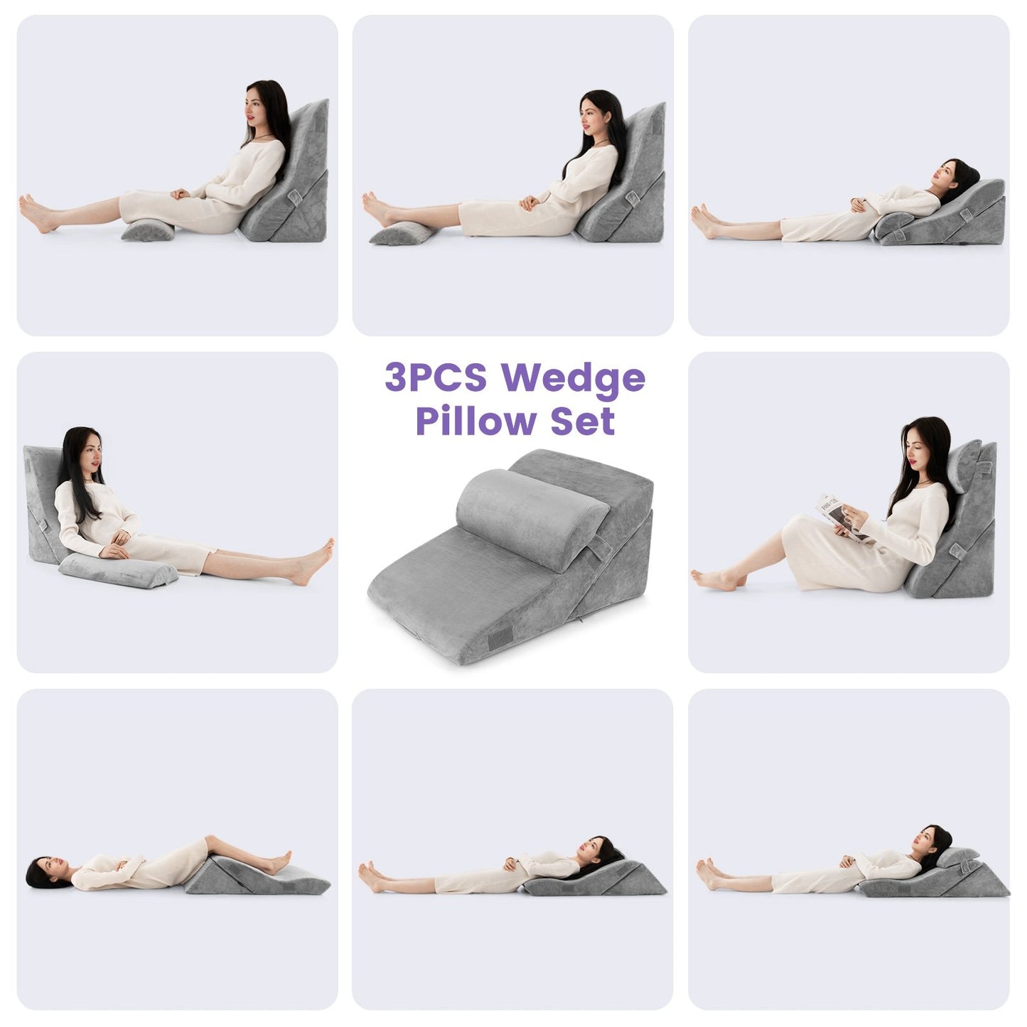 3 Pieces Orthopedic Bed Wedge Pillow Set Adjustable Support for Back Neck, Gray Bedding   at Gallery Canada