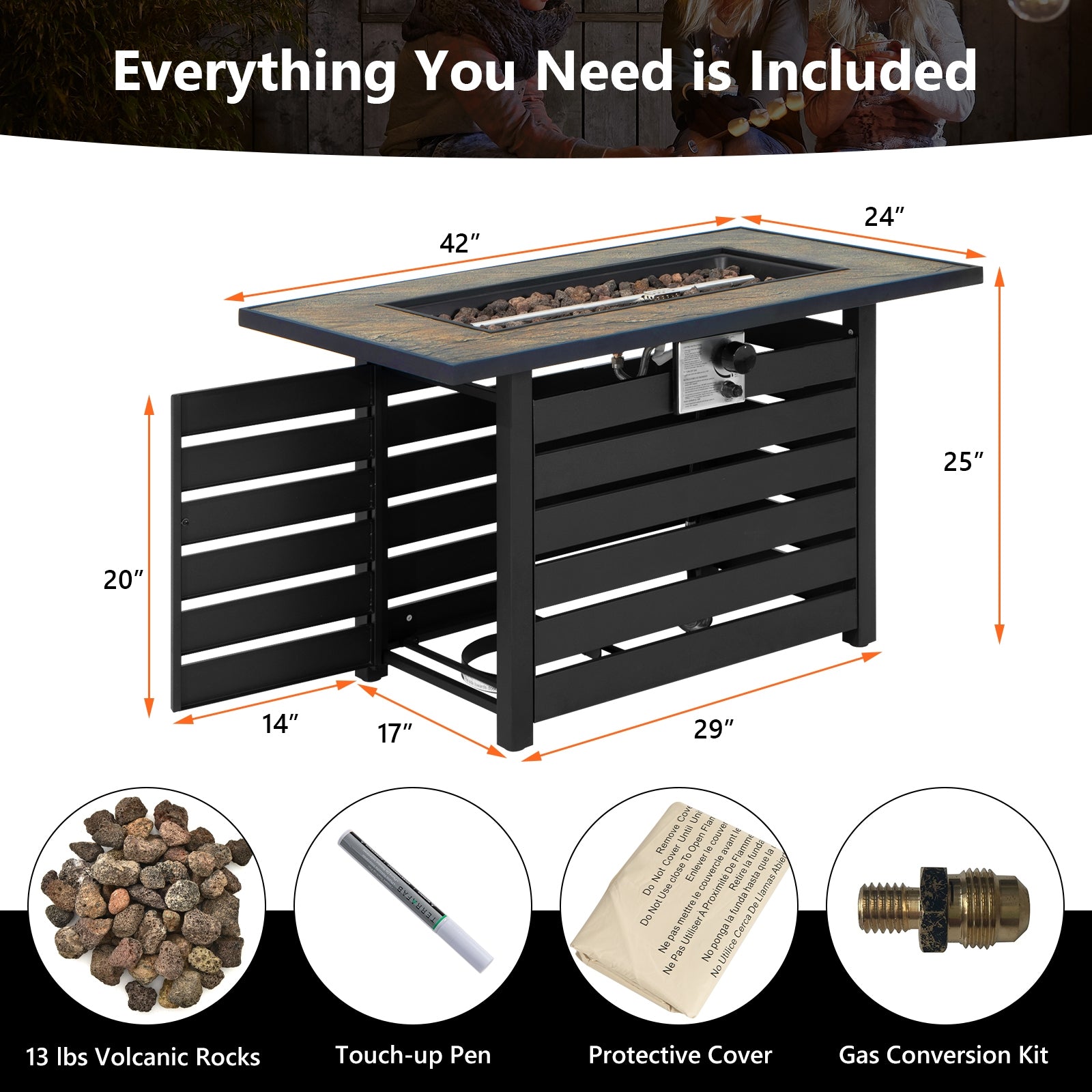 42 Inch 50000 BTU Propane Fire Pit Table with Ore Powder Surface, Black Fire Pit Tables at Gallery Canada