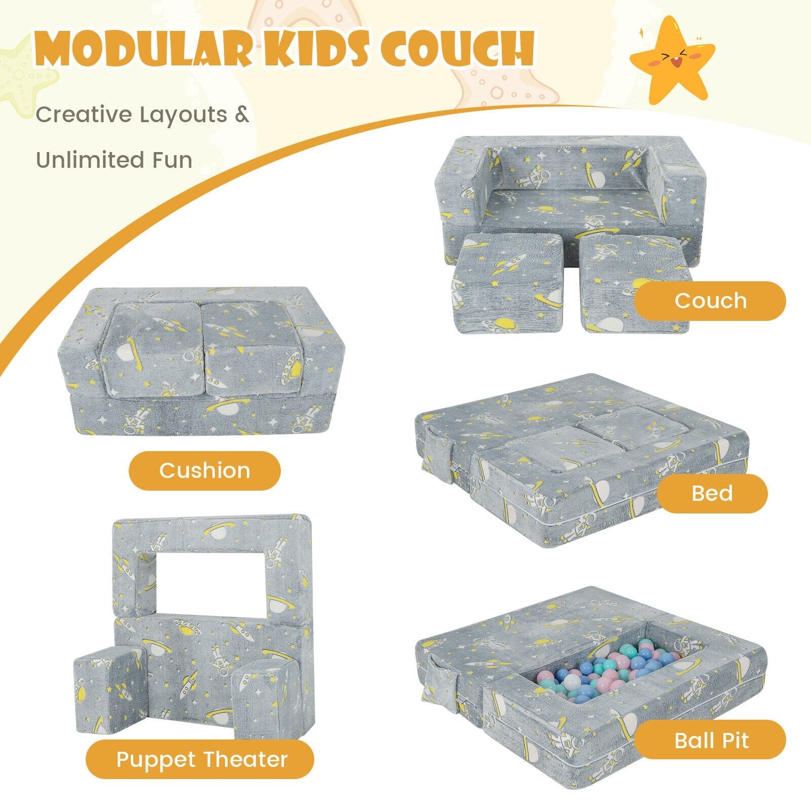 Kids Play Sofa with Ottoman and Removable & Machine Washable Cover, Gray Kids Chairs & Seating   at Gallery Canada