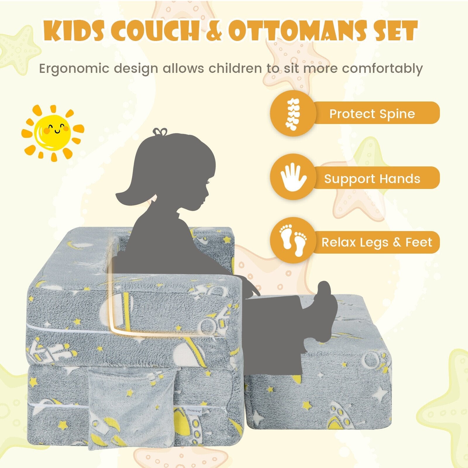 Kids Play Sofa with Ottoman and Removable & Machine Washable Cover, Gray Kids Chairs & Seating   at Gallery Canada