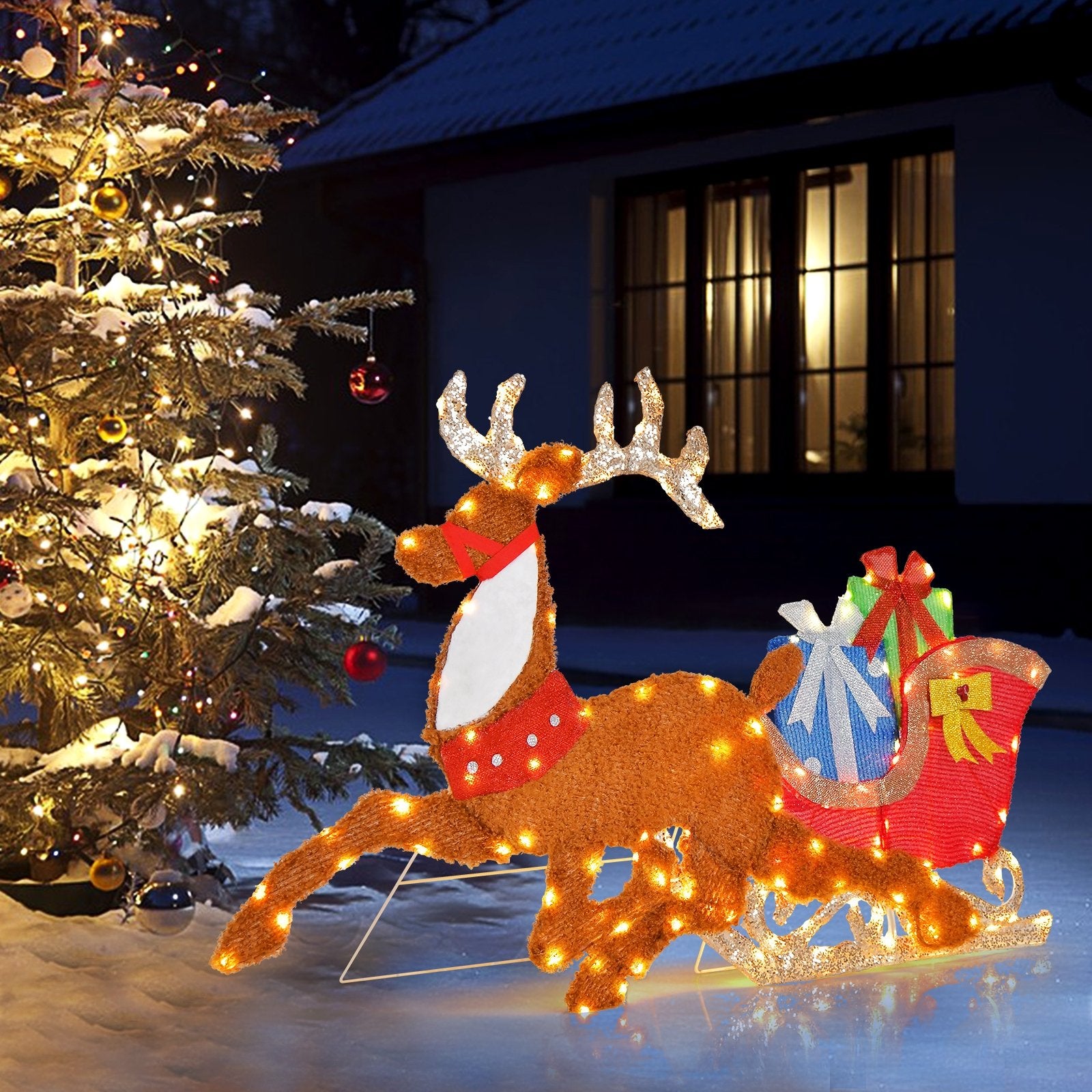 Lighted 2D Christmas Reindeer and Sleigh Decoration for Lawn Front Door Home, Brown Christmas Decor & Accessories   at Gallery Canada