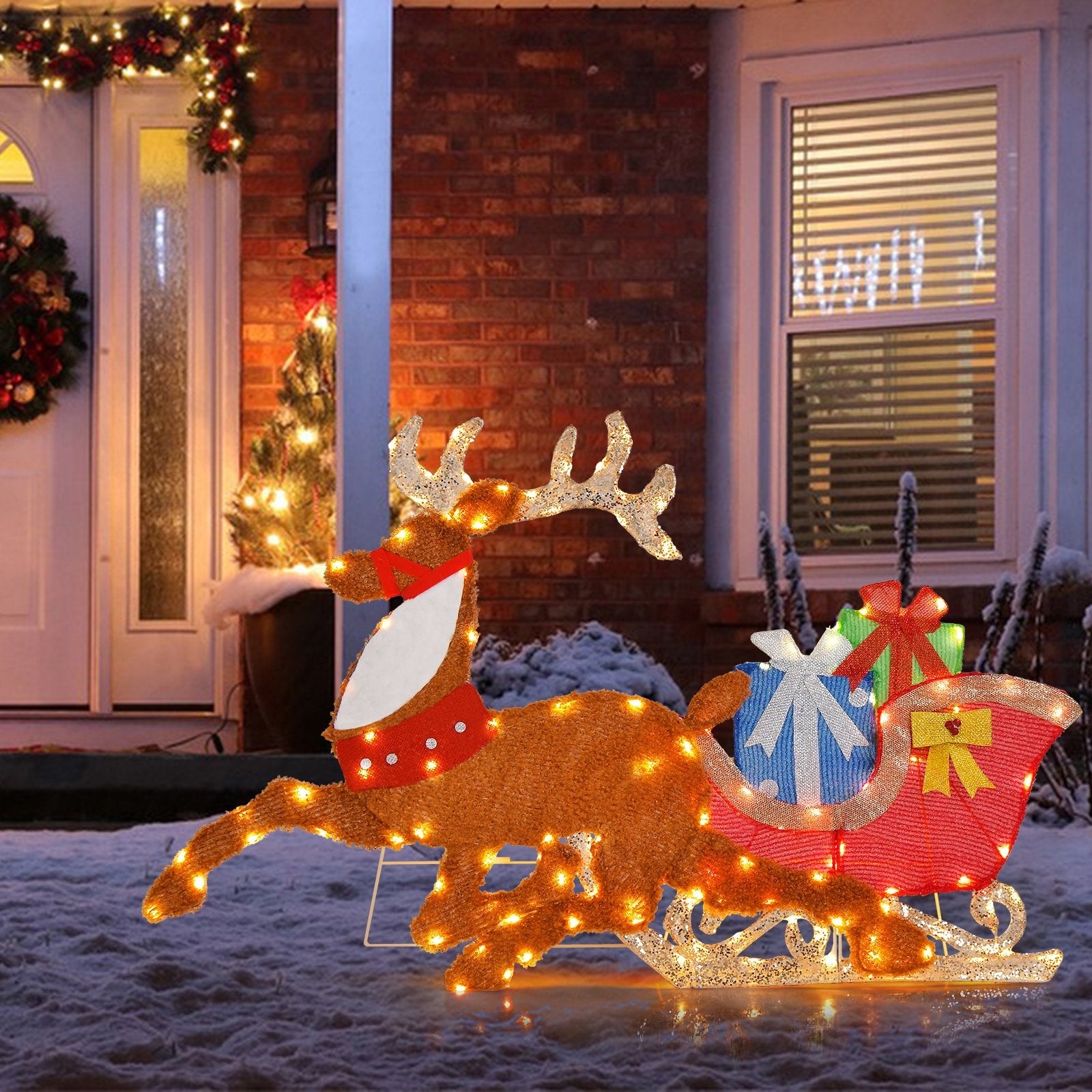 Lighted 2D Christmas Reindeer and Sleigh Decoration for Lawn Front Door Home, Brown Christmas Decor & Accessories   at Gallery Canada