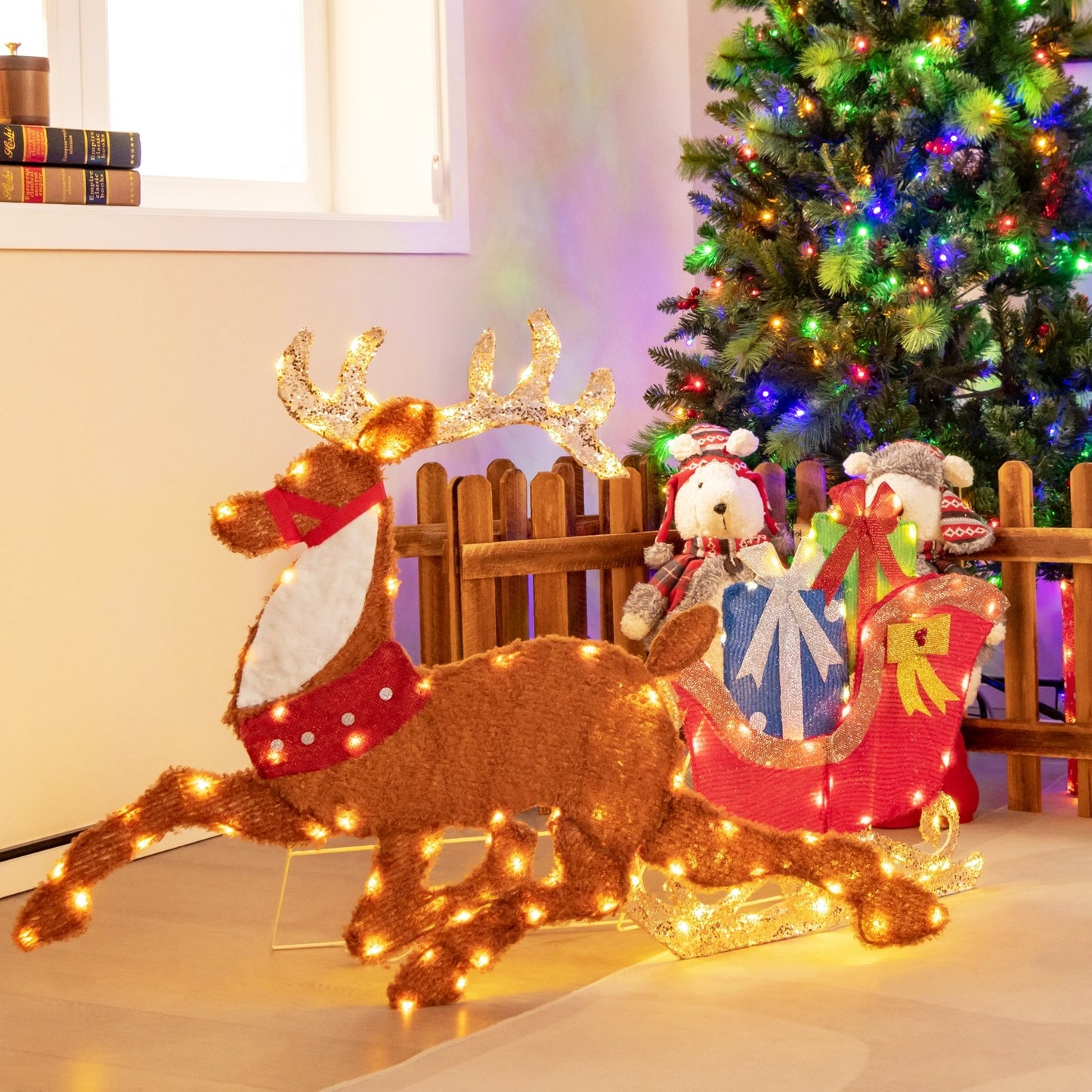 Lighted 2D Christmas Reindeer and Sleigh Decoration for Lawn Front Door Home, Brown Christmas Decor & Accessories   at Gallery Canada