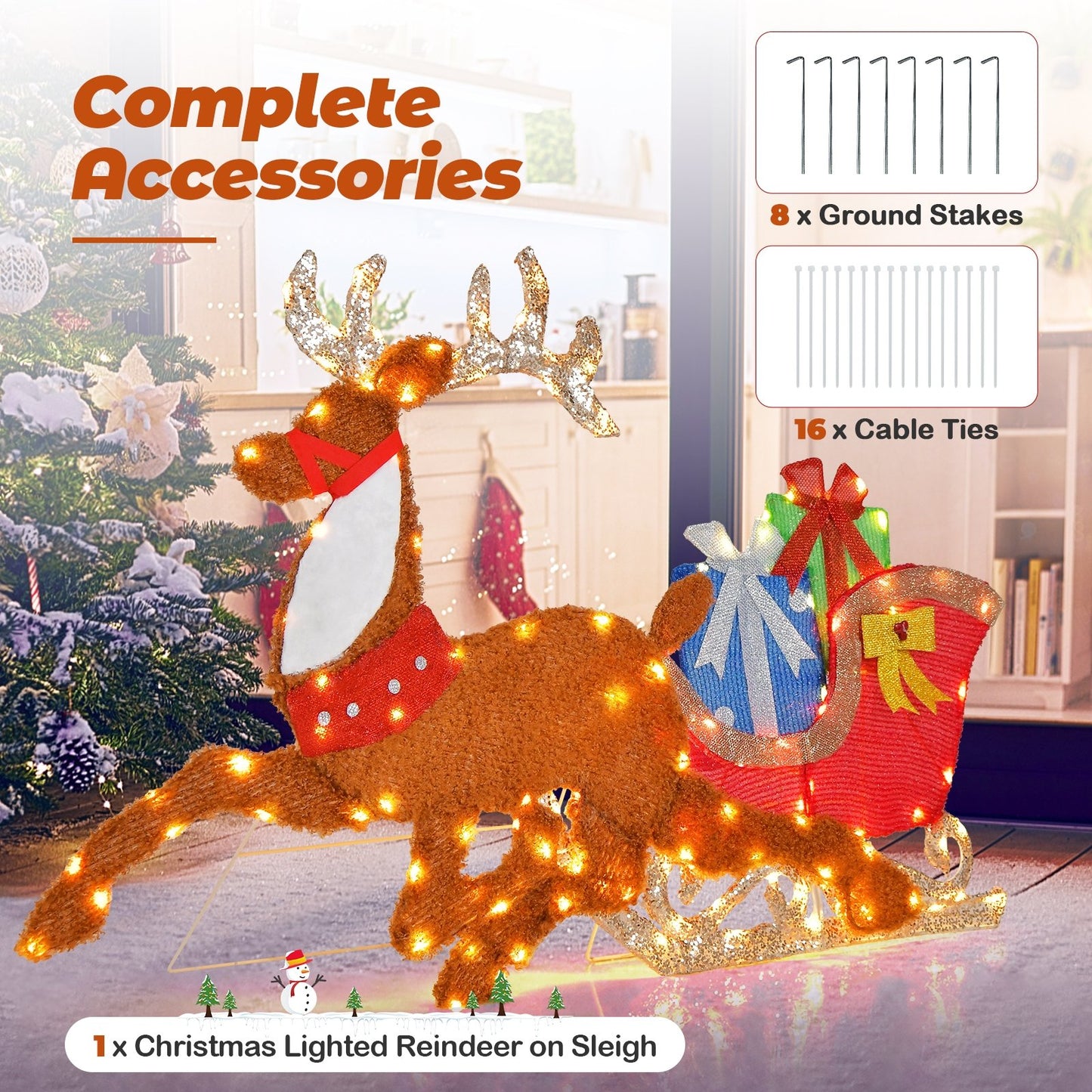 Lighted 2D Christmas Reindeer and Sleigh Decoration for Lawn Front Door Home, Brown Christmas Decor & Accessories   at Gallery Canada