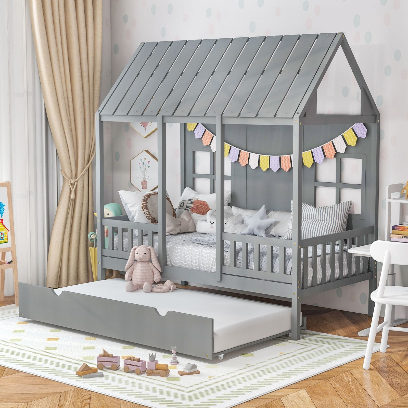 Twin Size Bed Frame House Bed with Trundle and 82 Inch Tall Roof, Gray Toddler Beds   at Gallery Canada