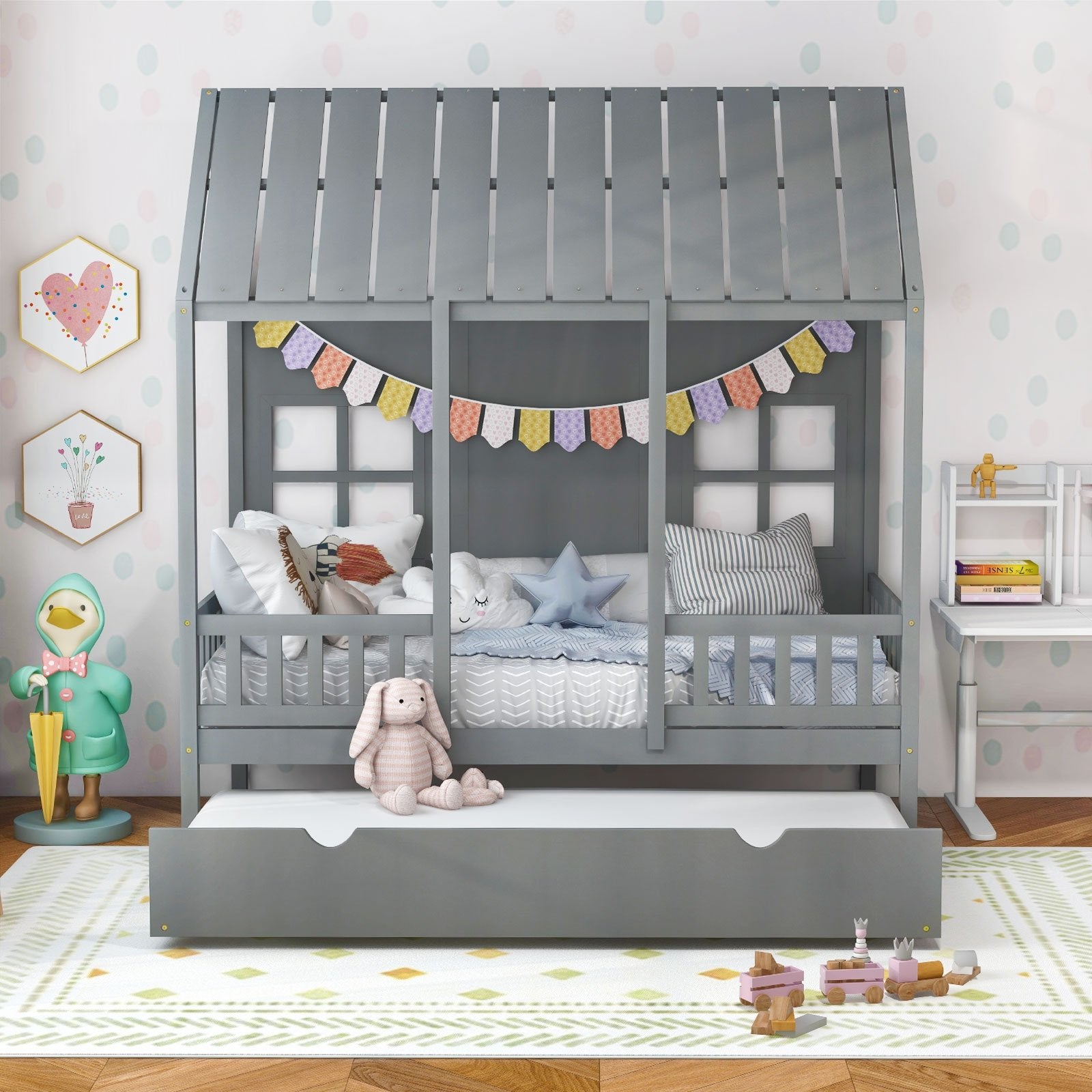 Twin Size Bed Frame House Bed with Trundle and 82 Inch Tall Roof, Gray Toddler Beds   at Gallery Canada