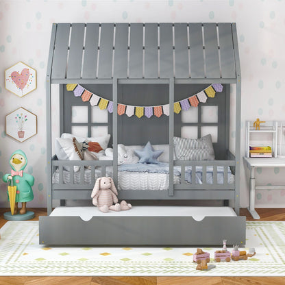 Twin Size Bed Frame House Bed with Trundle and 82 Inch Tall Roof, Gray Toddler Beds   at Gallery Canada