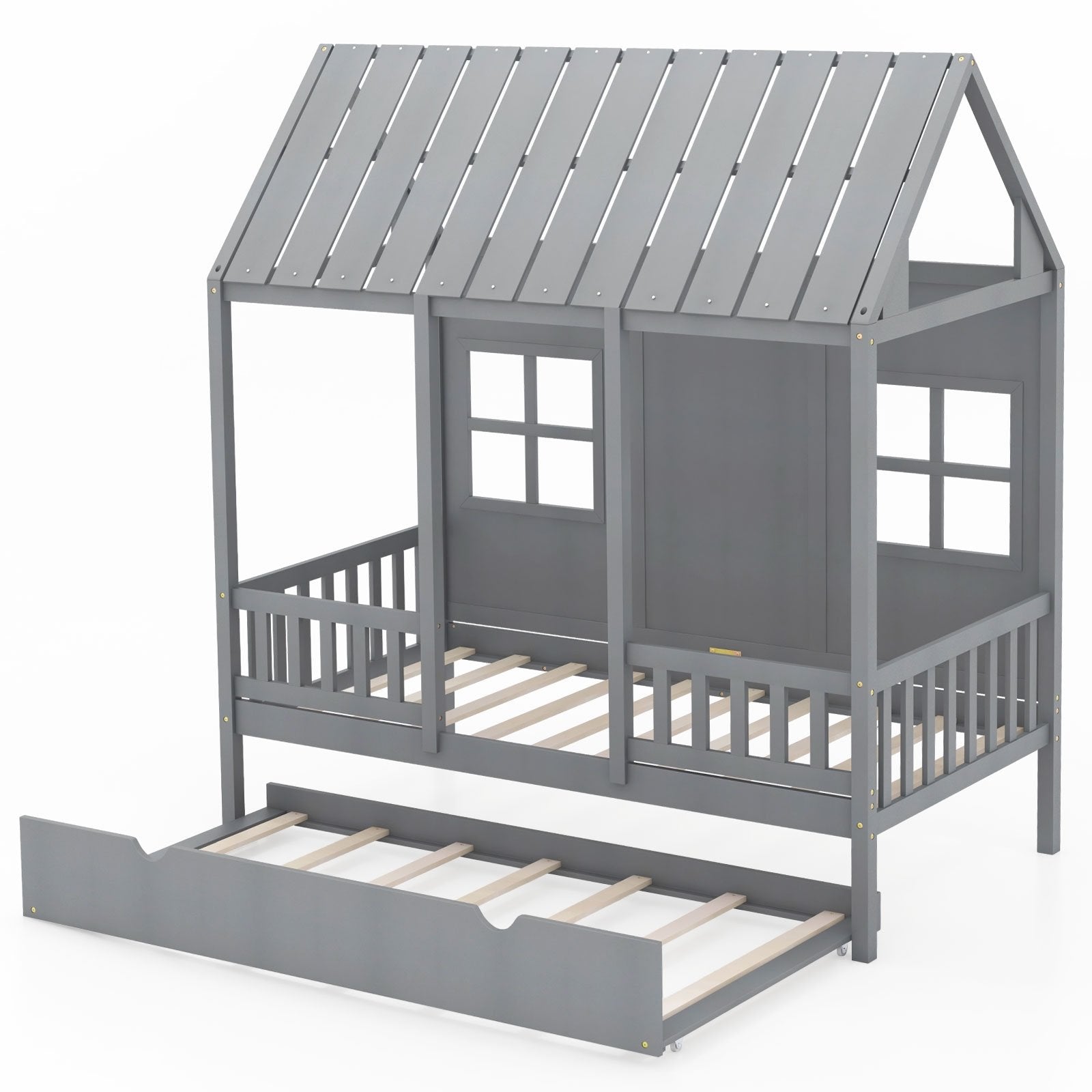 Twin Size Bed Frame House Bed with Trundle and 82 Inch Tall Roof, Gray Toddler Beds   at Gallery Canada