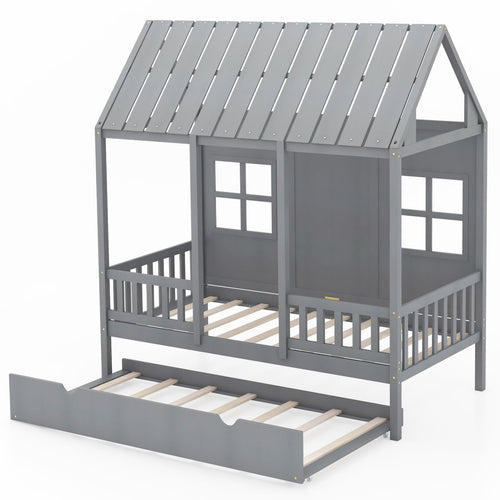 Twin Size Bed Frame House Bed with Trundle and 82 Inch Tall Roof, Gray