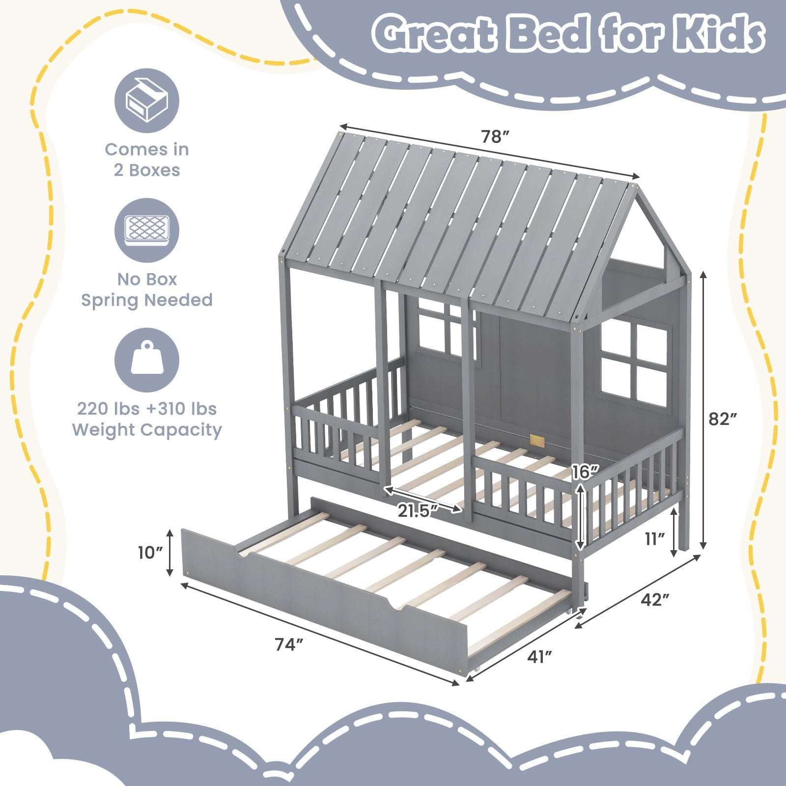 Twin Size Bed Frame House Bed with Trundle and 82 Inch Tall Roof, Gray Toddler Beds   at Gallery Canada