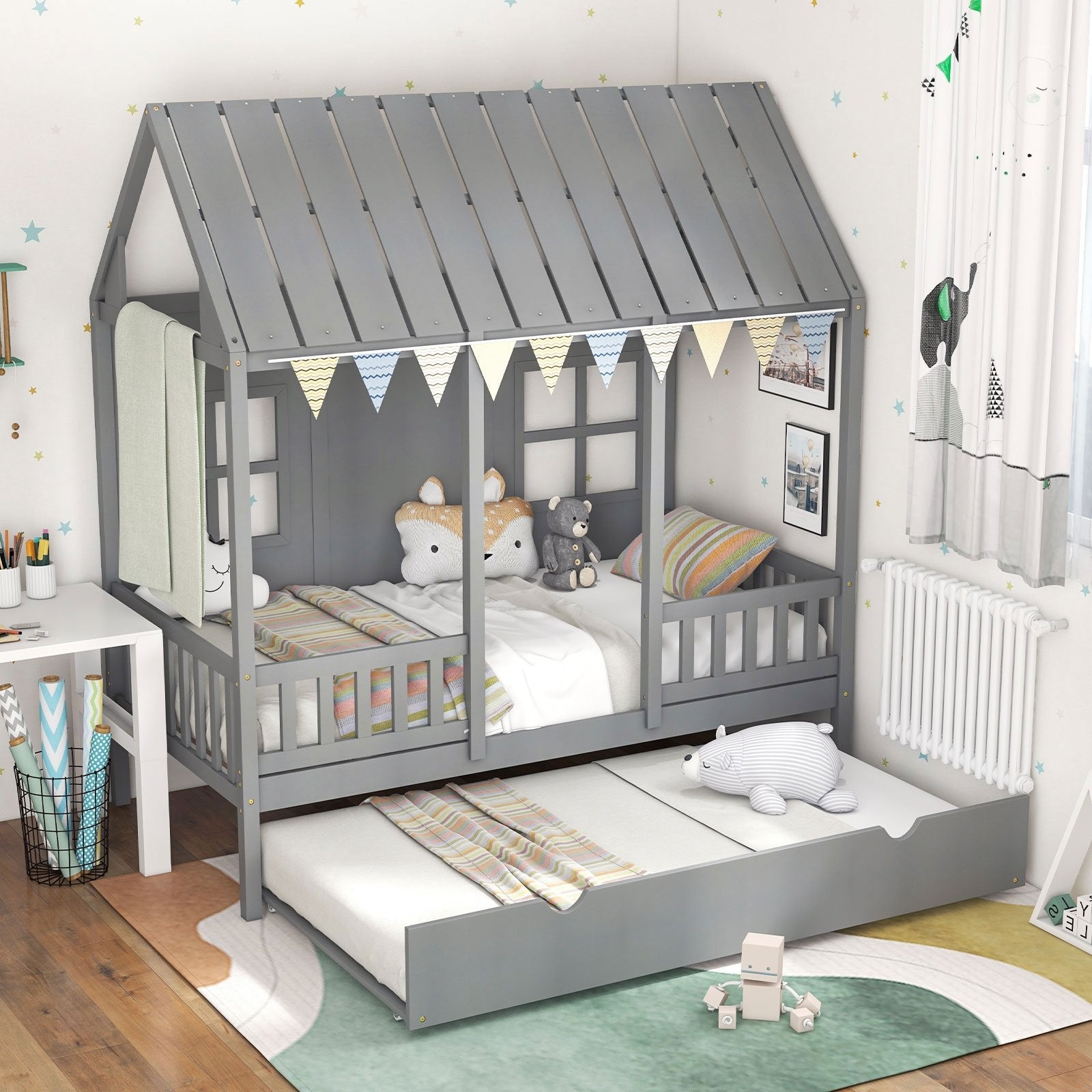 Twin Size Bed Frame House Bed with Trundle and 82 Inch Tall Roof, Gray Toddler Beds   at Gallery Canada