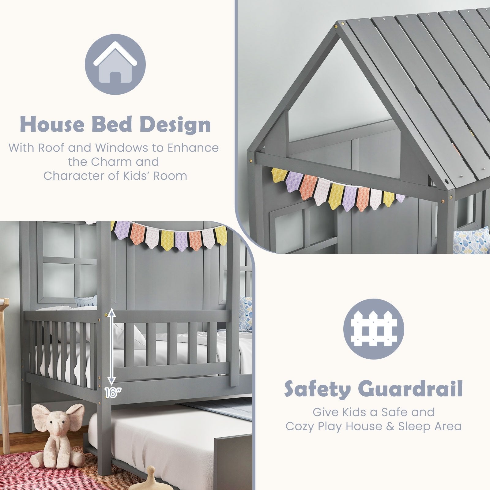 Twin Size Bed Frame House Bed with Trundle and 82 Inch Tall Roof, Gray Toddler Beds   at Gallery Canada