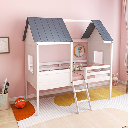 Twin Size Kids House Bed Low Loft Bed Frame with Roof, White Toddler Beds   at Gallery Canada