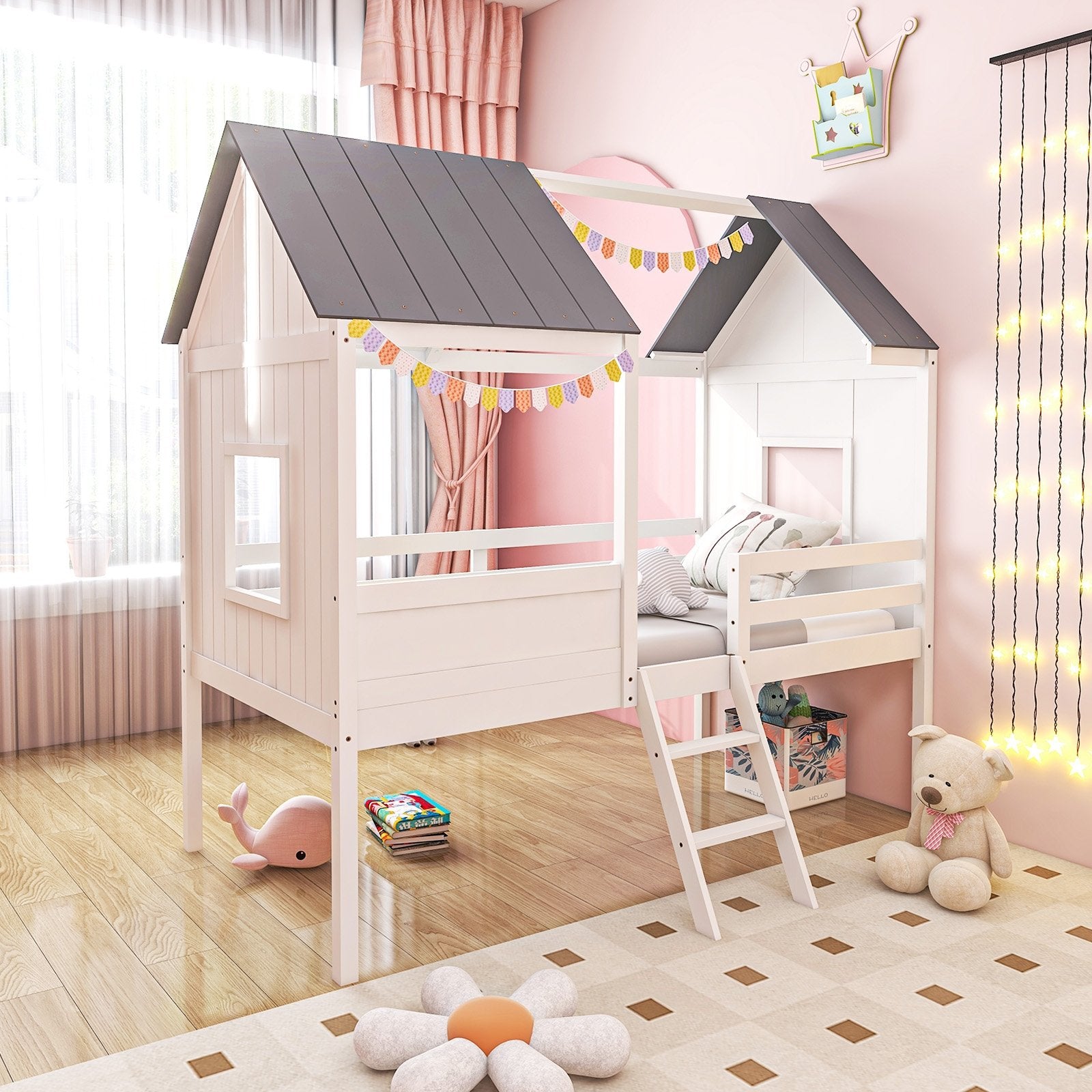 Twin Size Kids House Bed Low Loft Bed Frame with Roof, White Toddler Beds   at Gallery Canada