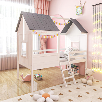 Twin Size Kids House Bed Low Loft Bed Frame with Roof, White Toddler Beds   at Gallery Canada