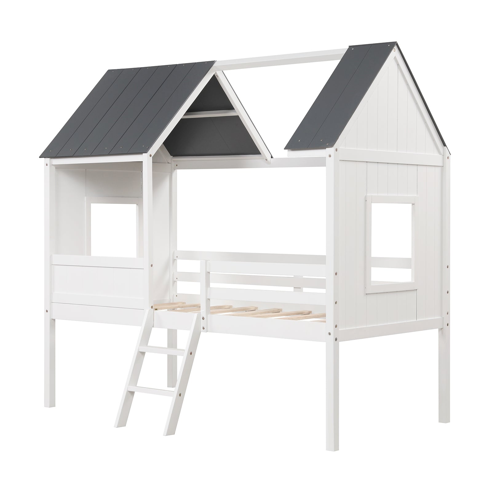 Twin Size Kids House Bed Low Loft Bed Frame with Roof, White Toddler Beds White at Gallery Canada