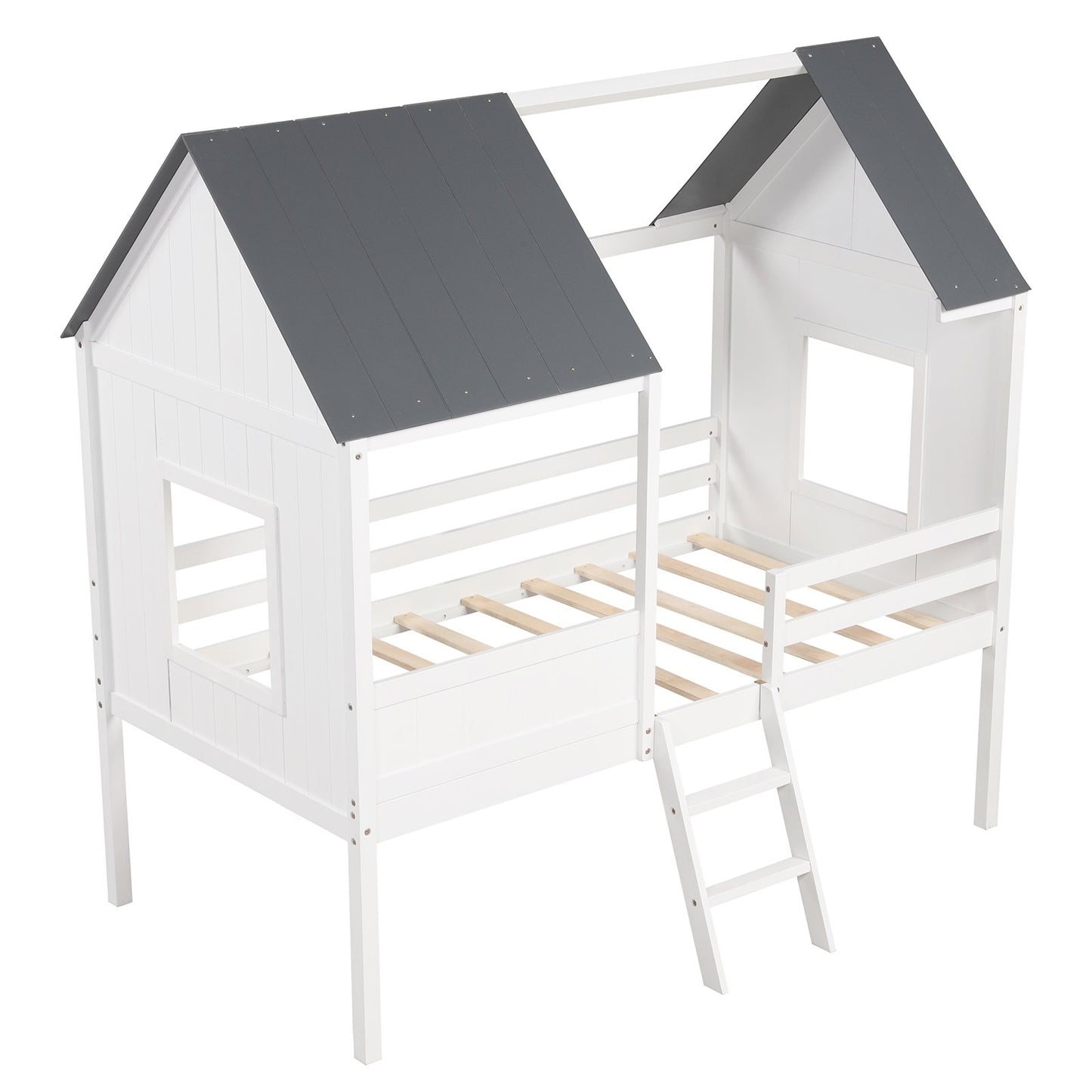 Twin Size Kids House Bed Low Loft Bed Frame with Roof, White Toddler Beds   at Gallery Canada