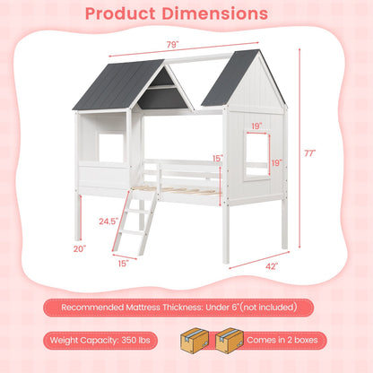 Twin Size Kids House Bed Low Loft Bed Frame with Roof, White Toddler Beds   at Gallery Canada