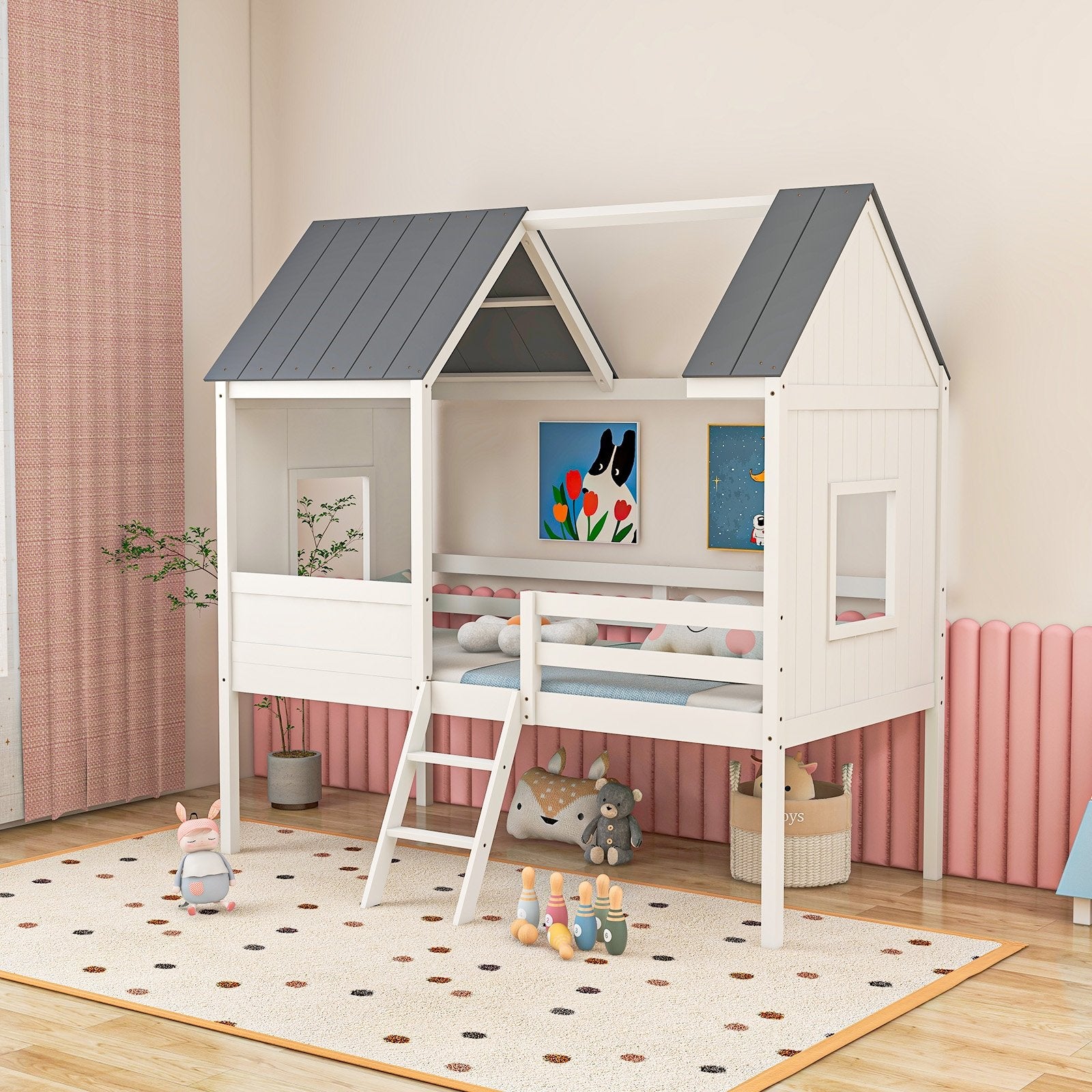 Twin Size Kids House Bed Low Loft Bed Frame with Roof, White Toddler Beds   at Gallery Canada