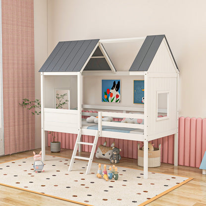 Twin Size Kids House Bed Low Loft Bed Frame with Roof, White Toddler Beds   at Gallery Canada