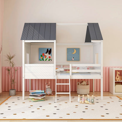 Twin Size Kids House Bed Low Loft Bed Frame with Roof, White Toddler Beds   at Gallery Canada