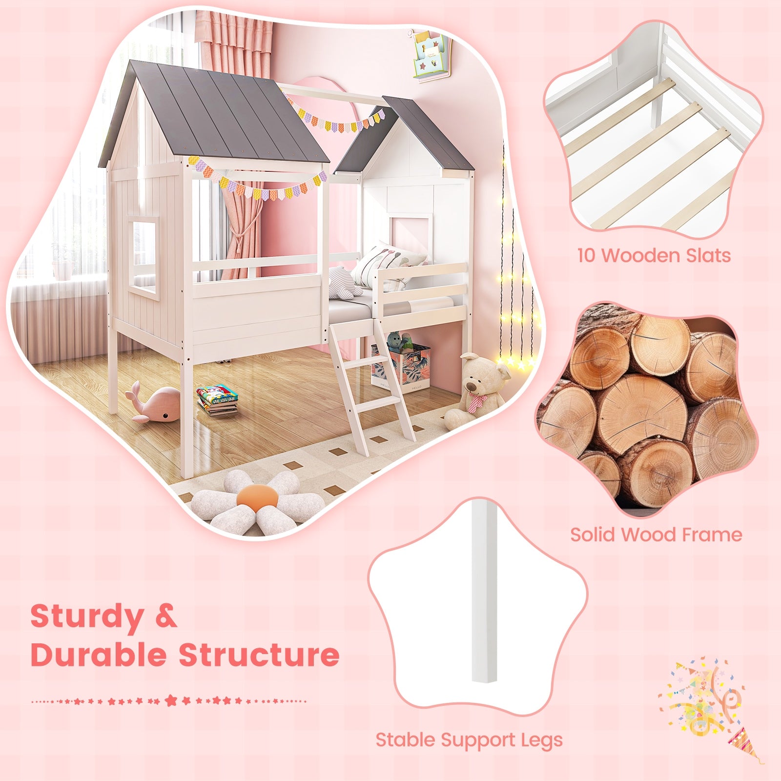 Twin Size Kids House Bed Low Loft Bed Frame with Roof, White Toddler Beds at Gallery Canada