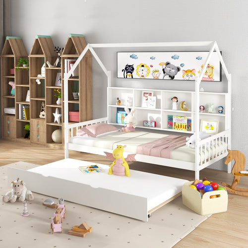 Twin Size Kids Montessori Daybed with Roof and Shelf Compartments, White