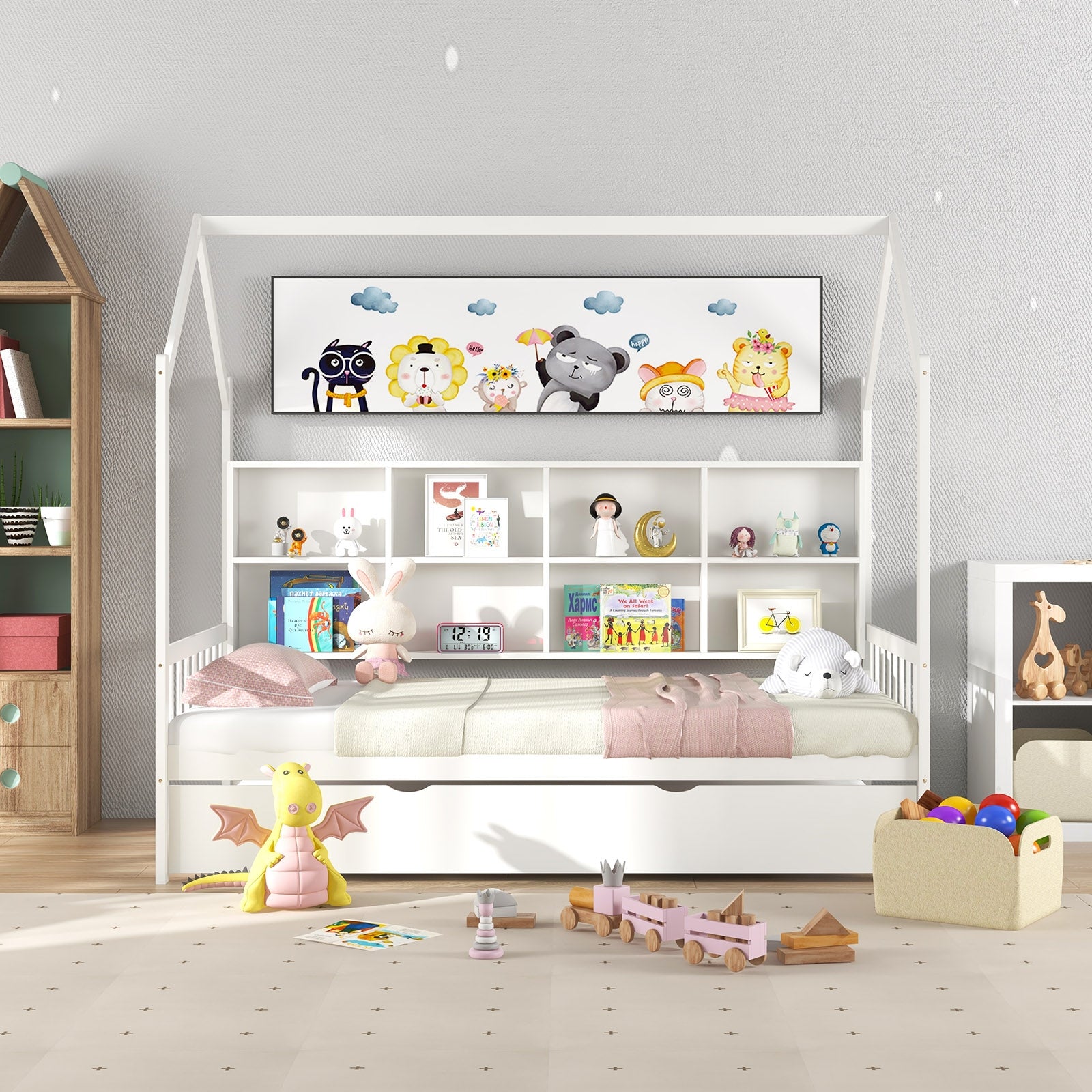 Twin Size Kids Montessori Daybed with Roof and Shelf Compartments, White Toddler Beds at Gallery Canada
