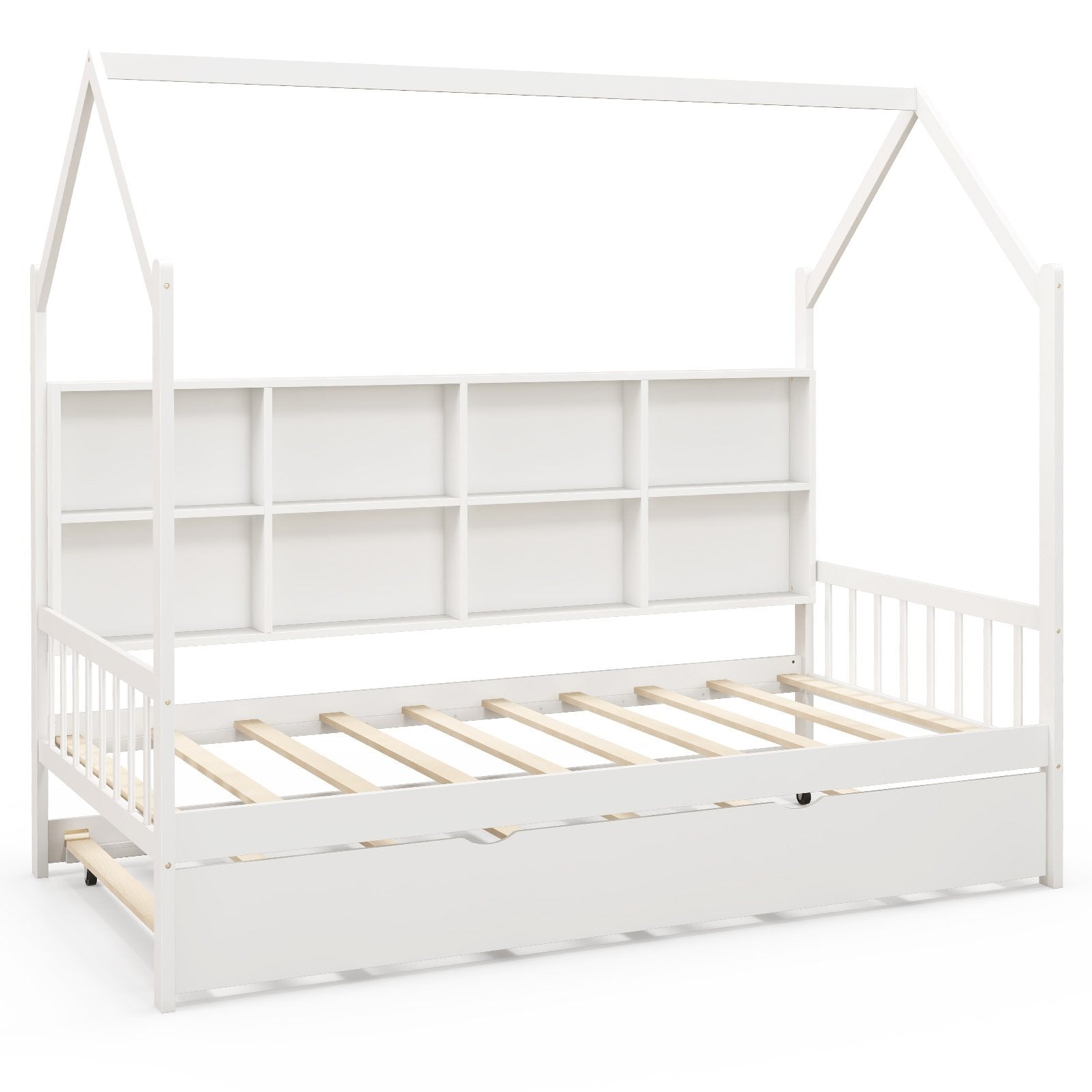 Twin Size Kids Montessori Daybed with Roof and Shelf Compartments, White Toddler Beds White at Gallery Canada